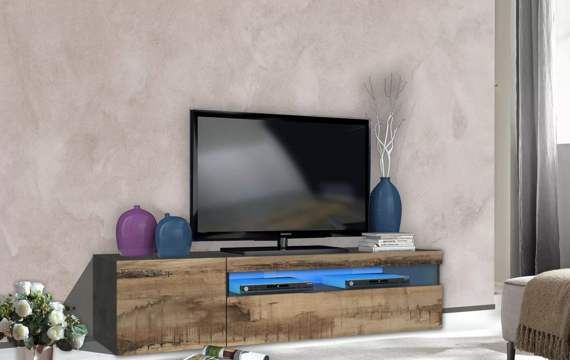 Dmora Mobili Porta Tv<Mobile porta TV Dbele, Ardesia e Acero, con luce LED