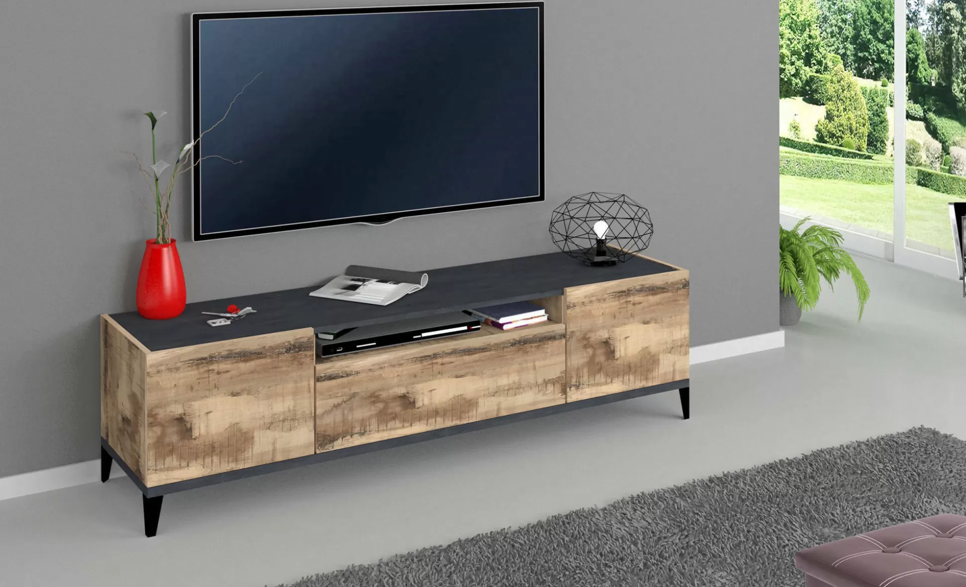 Dmora Mobili Porta Tv<Mobile porta TV Dfigol, cm 160x40h47, Ardesia e Acero