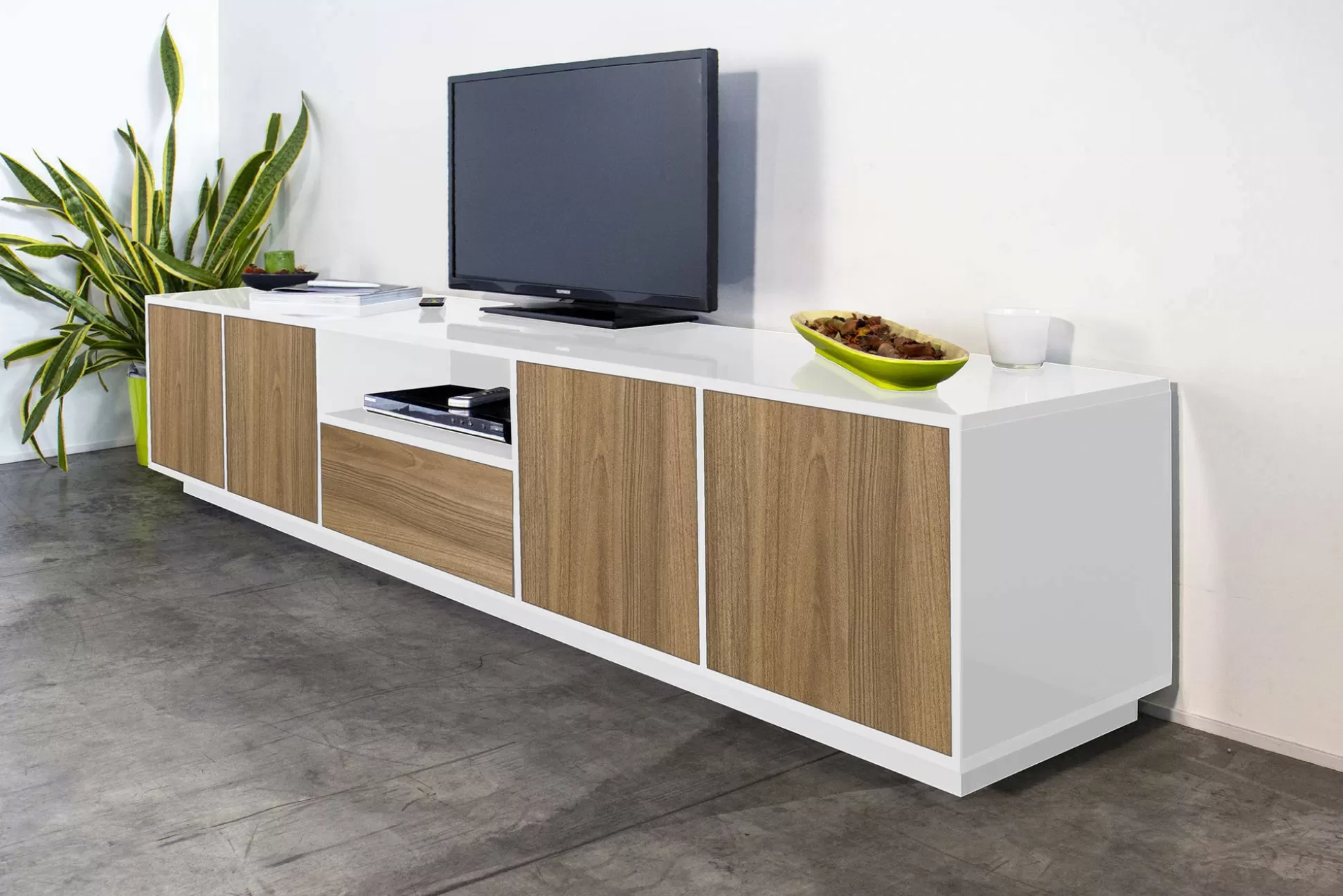 Dmora Mobili Porta Tv<Mobile porta TV Dlepor, cm 220x41h46, Bianco lucido e Noce