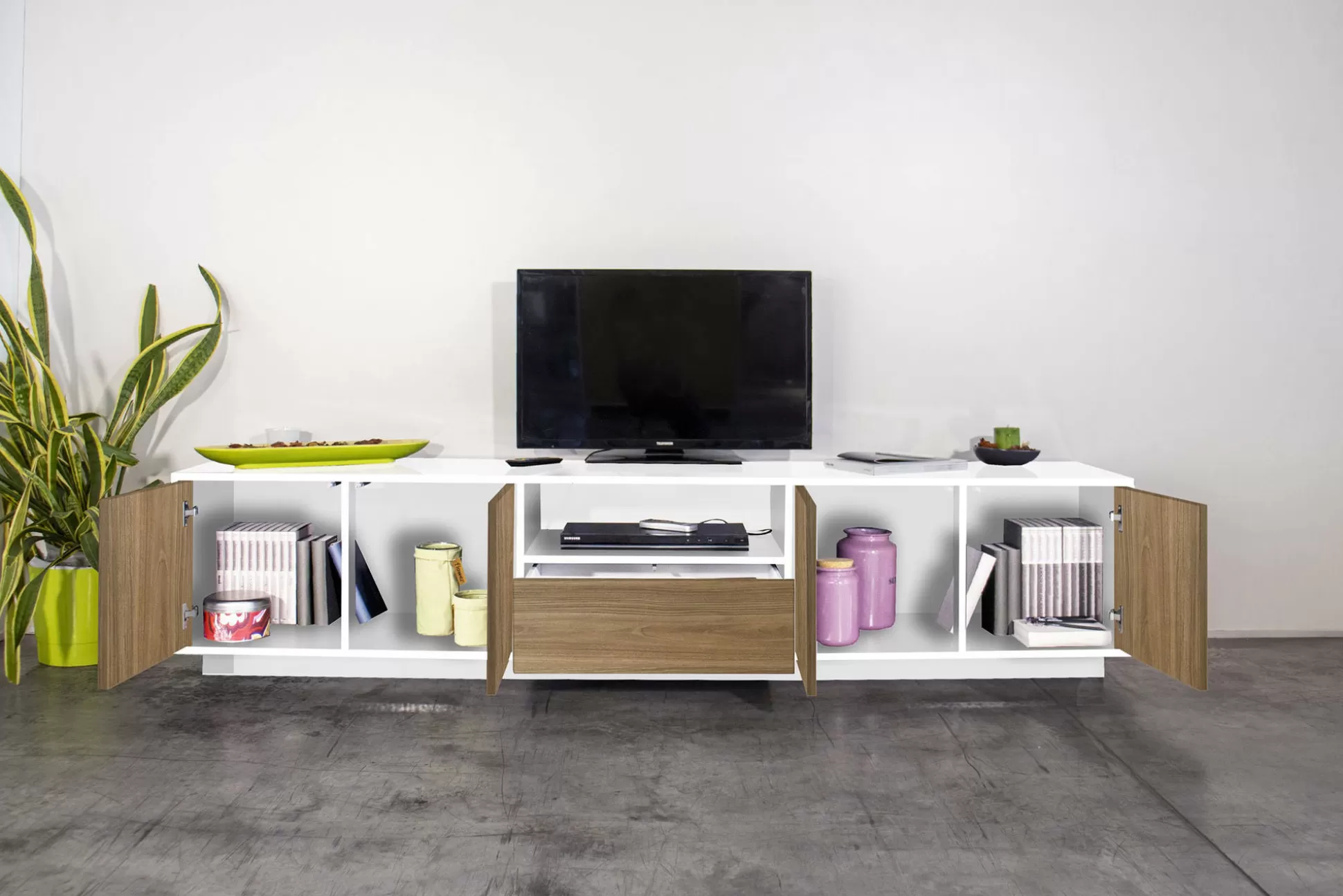 Dmora Mobili Porta Tv<Mobile porta TV Dlepor, cm 220x41h46, Bianco lucido e Noce