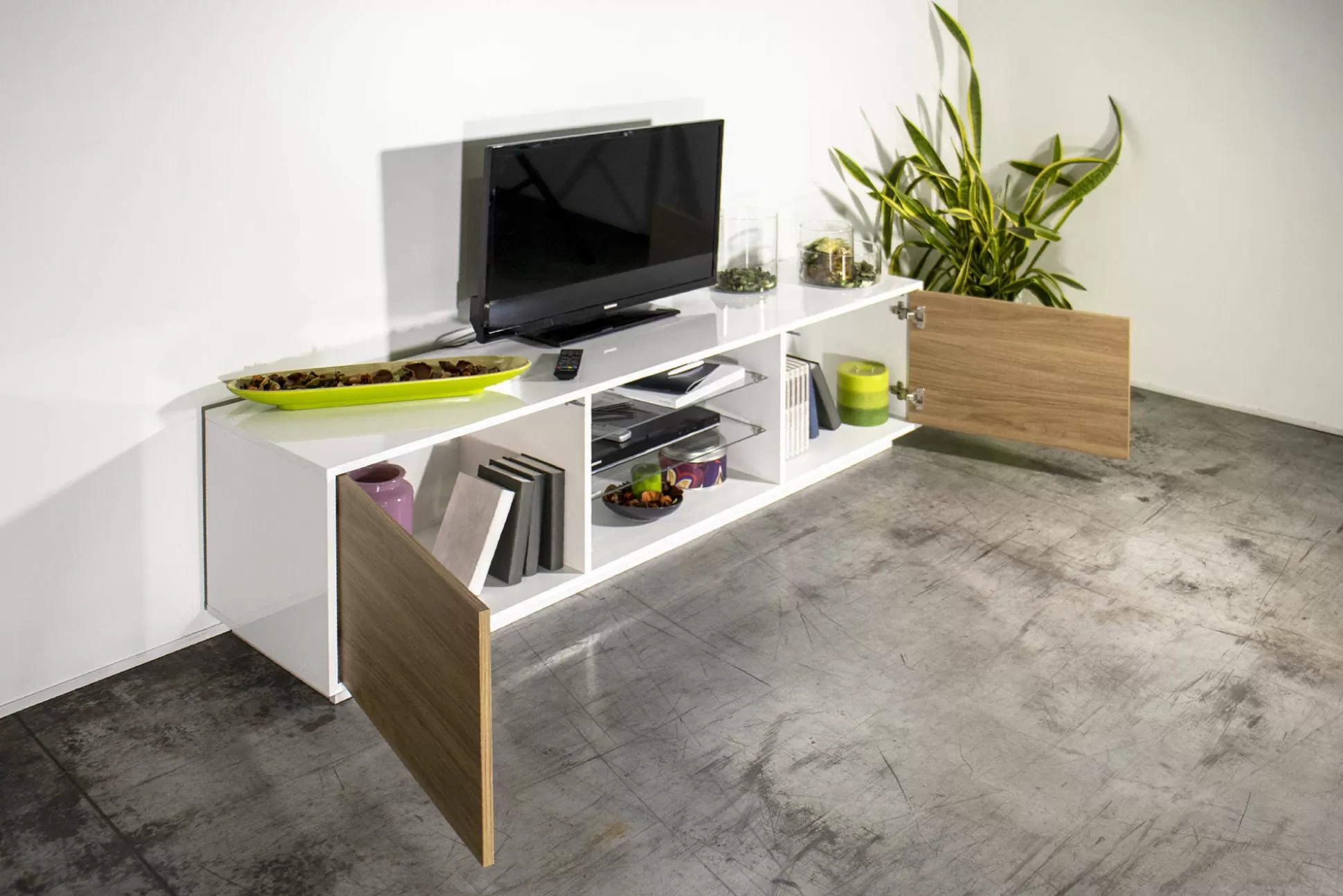 Dmora Mobili Porta Tv<Mobile porta TV Dlongon, cm 180x41h46, Bianco lucido e Noce