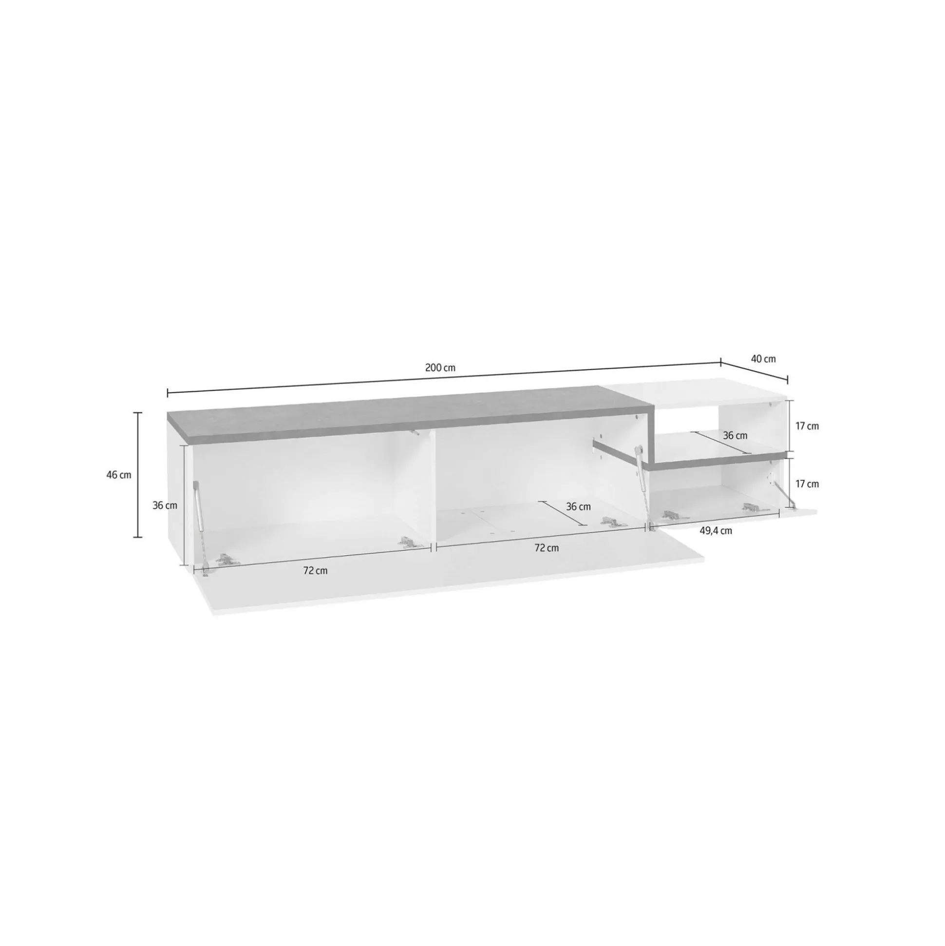 Dmora Mobili Porta Tv<Mobile porta TV Dma, cm 200x40h49, Bianco lucido e Ardesia