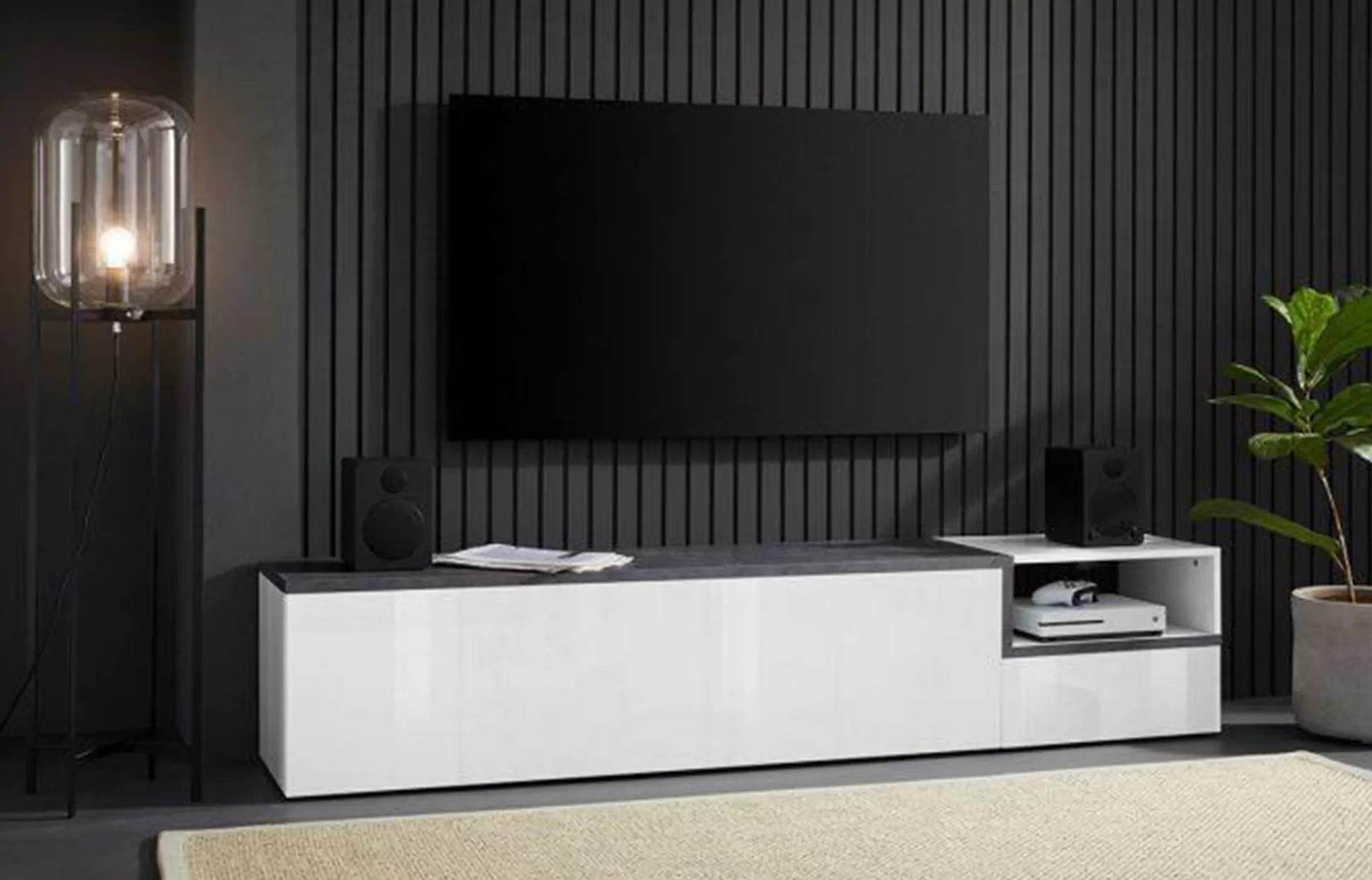 Dmora Mobili Porta Tv<Mobile porta TV Dma, cm 200x40h49, Bianco lucido e Ardesia