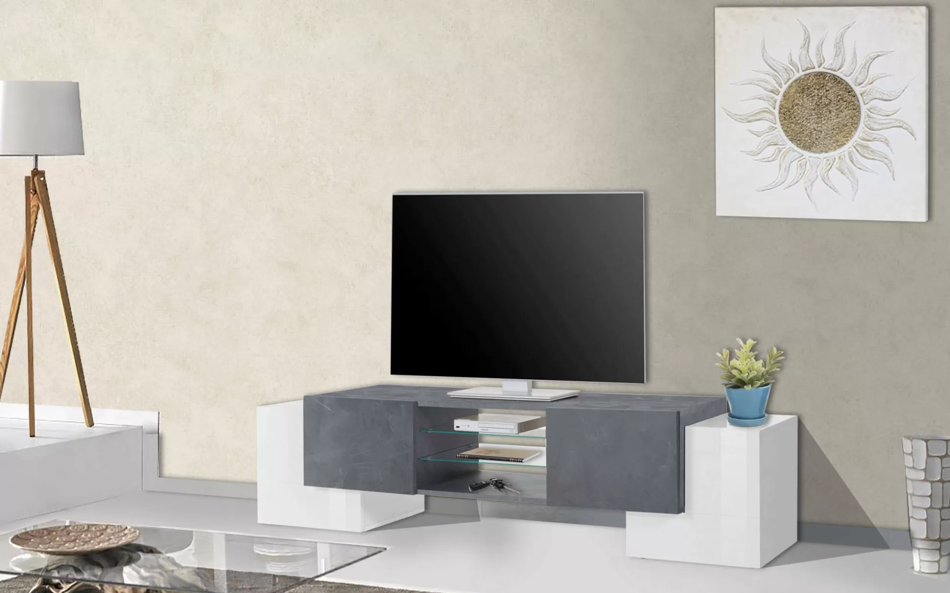 Dmora Mobili Porta Tv<Mobile porta TV Dmartin, cm 190x45h45, Bianco lucido e Ardesia