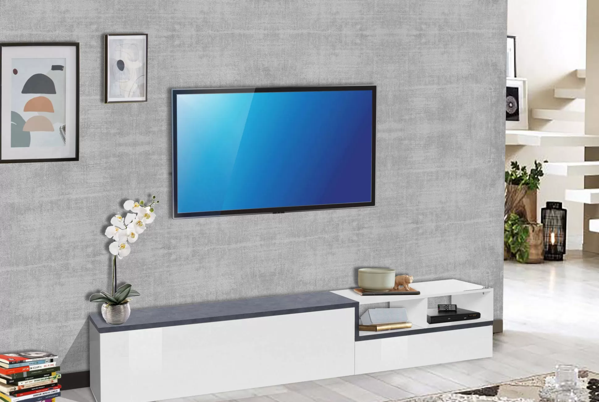 Dmora Mobili Porta Tv<Mobile porta TV Dmate, cm 240x40h50, Bianco lucido e Ardesia