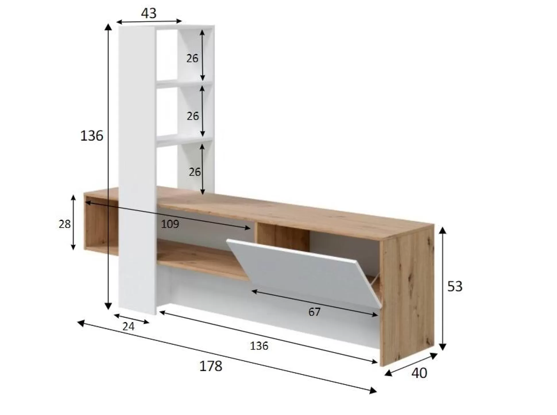 Dmora Mobili Porta Tv<Mobile porta TV Dmurell, 178x43h136 cm, Rovere Nodi e Bianco lucido
