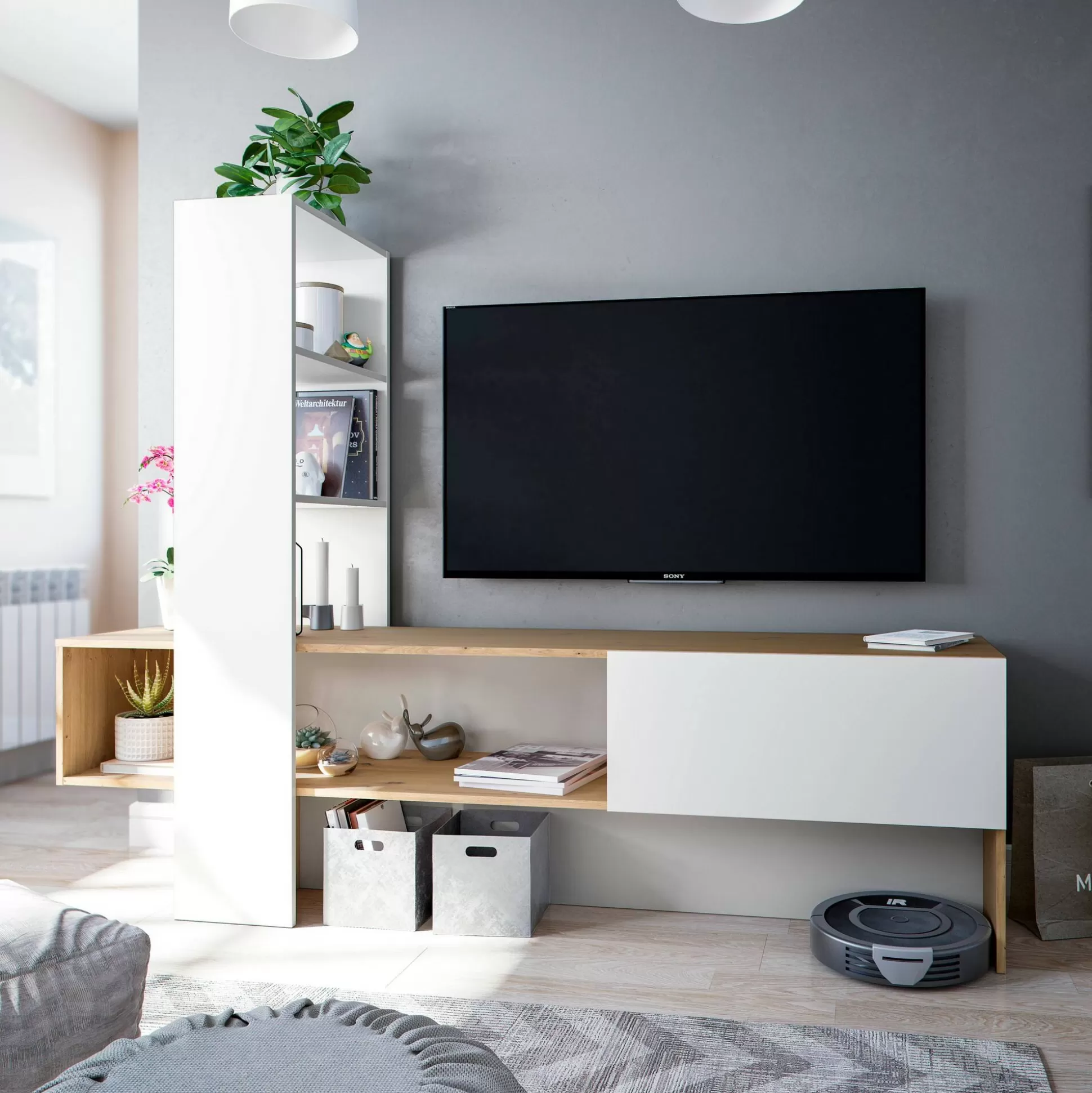 Dmora Mobili Porta Tv<Mobile porta TV Dmurell, 178x43h136 cm, Rovere Nodi e Bianco lucido