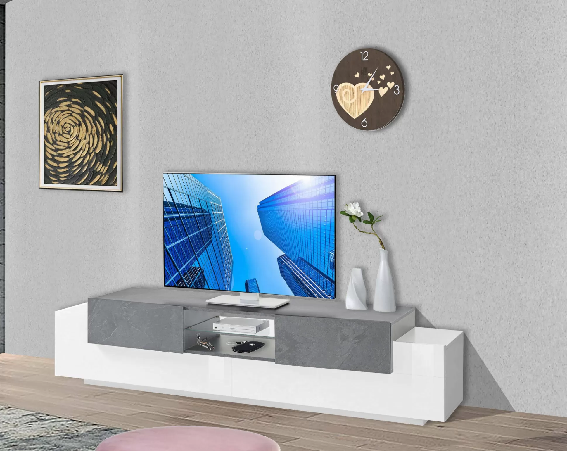 Dmora Mobili Porta Tv<Mobile porta TV Dmusso, cm 220x45h51, Bianco lucido e Ardesia