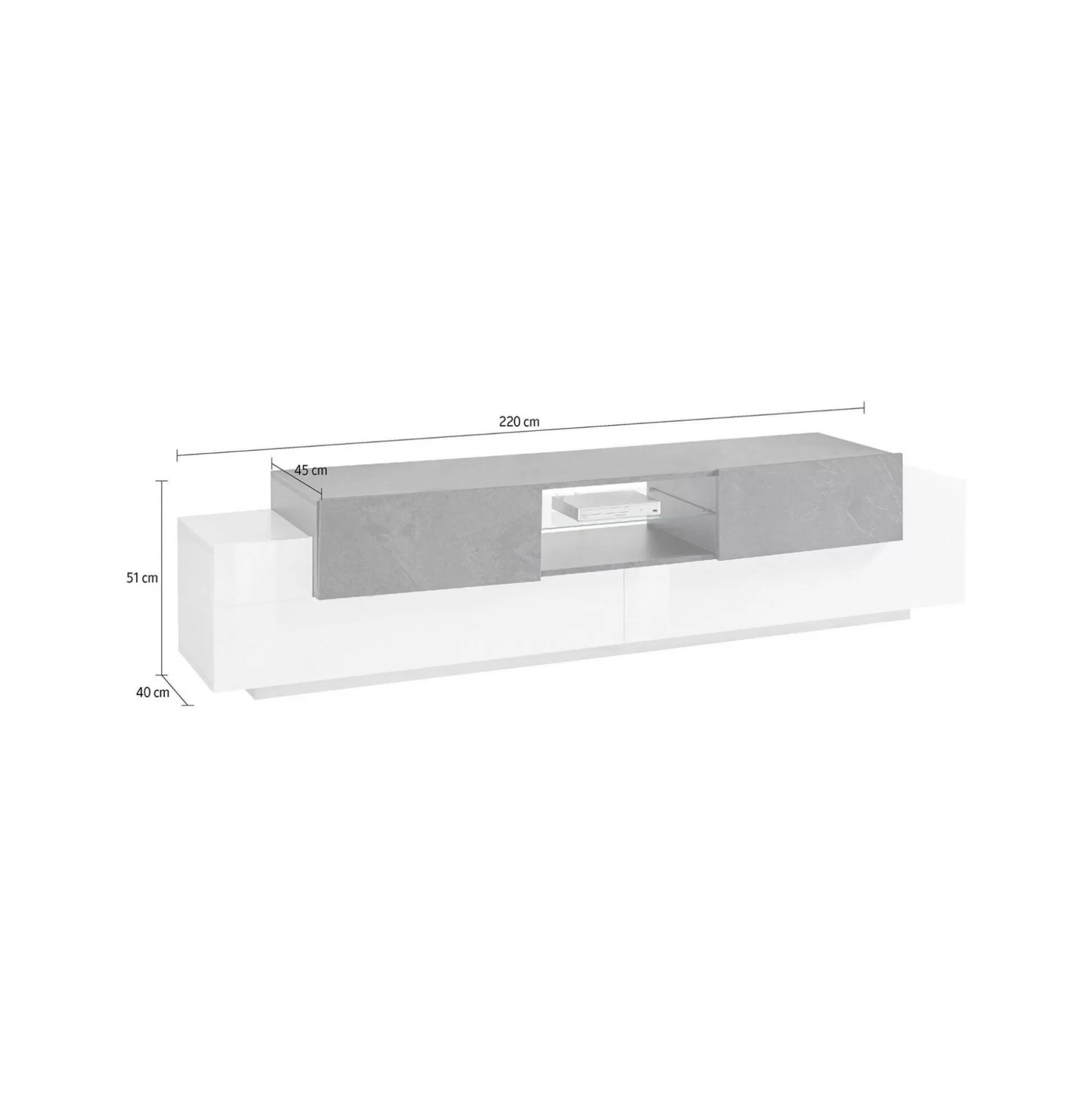 Dmora Mobili Porta Tv<Mobile porta TV Dmusso, cm 220x45h51, Bianco lucido e Ardesia