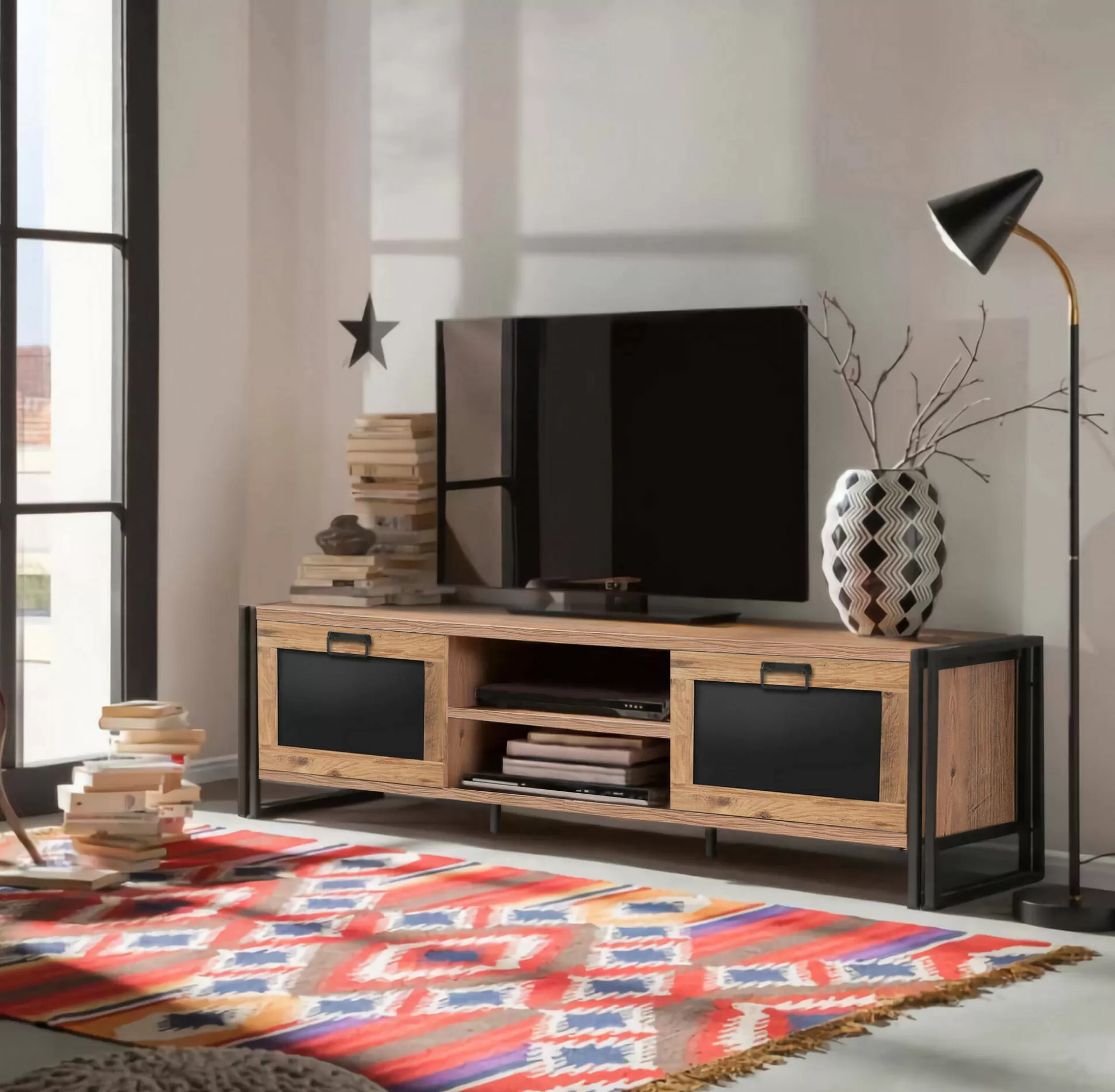 Dmora Mobili Porta Tv<Mobile porta TV Dpetron, Quercia e Nero, 180x45h50 cm