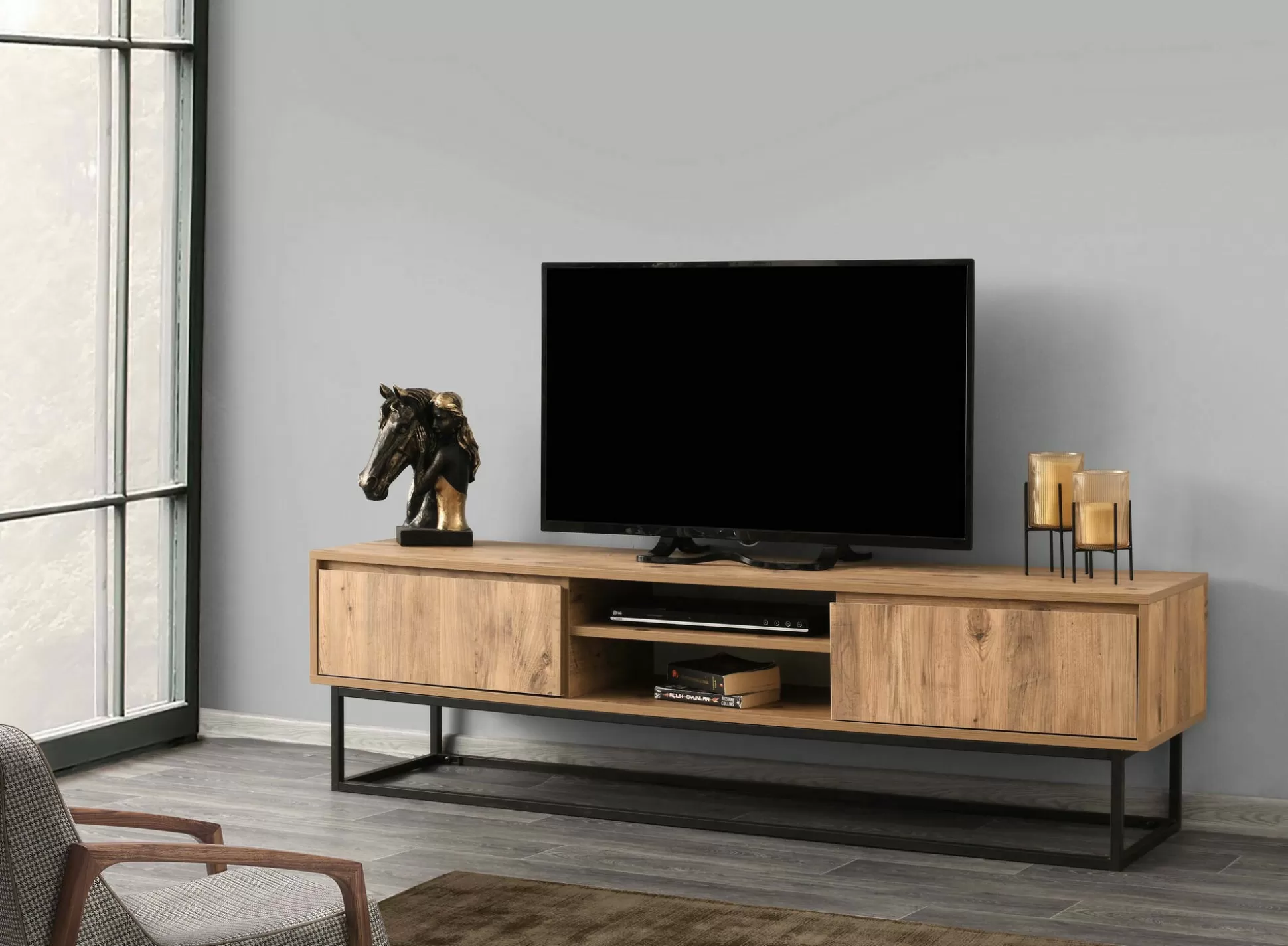 Dmora Mobili Porta Tv<Mobile porta TV Dpirol, Nero e Quercia, 180x40h50 cm