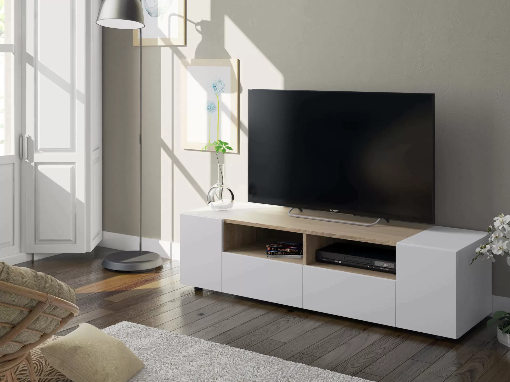 Dmora Mobili Porta Tv<Mobile porta TV Ebe, 138x42h36 cm, Bianco e Rovere