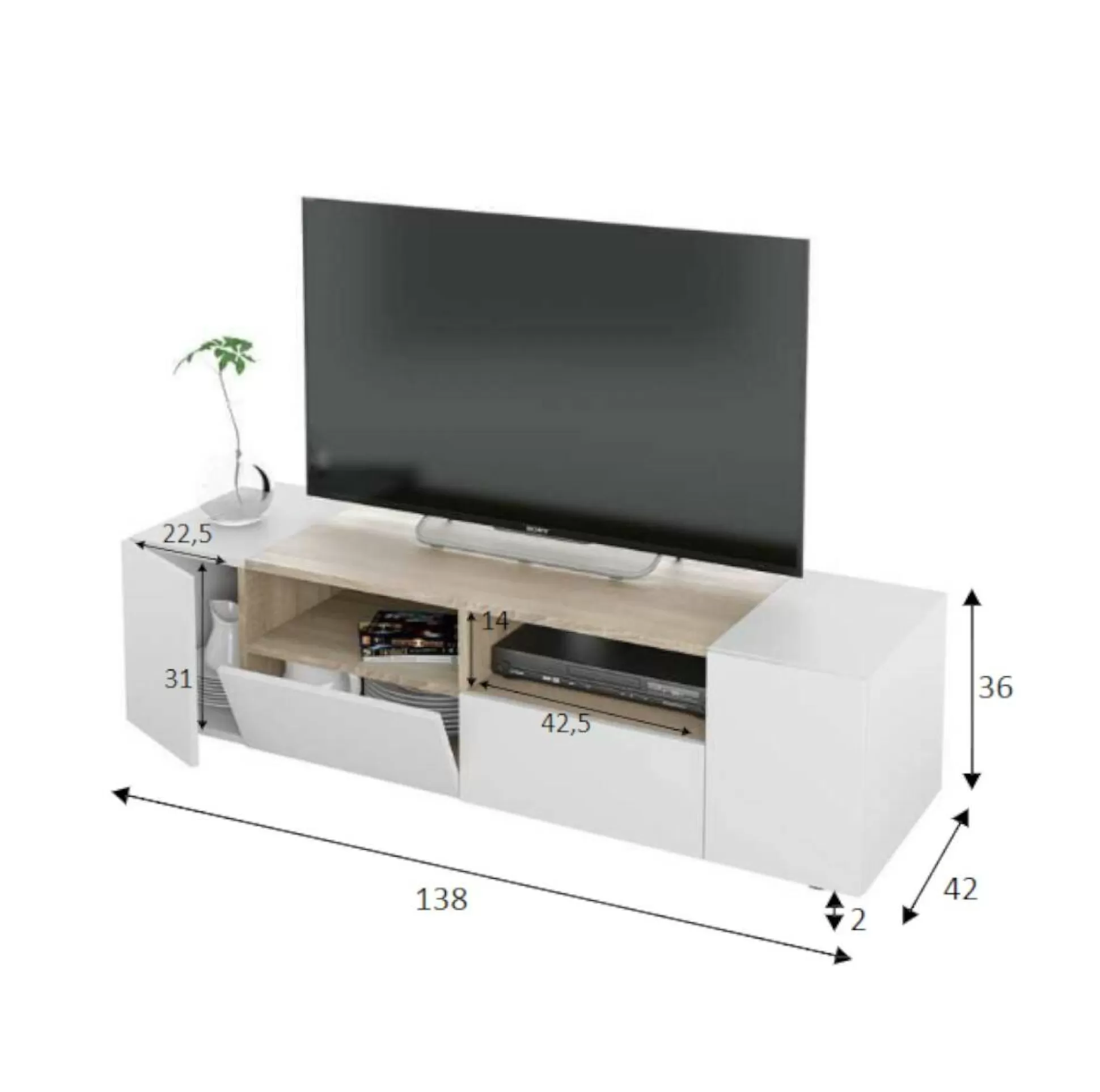 Dmora Mobili Porta Tv<Mobile porta TV Ebe, 138x42h36 cm, Bianco e Rovere