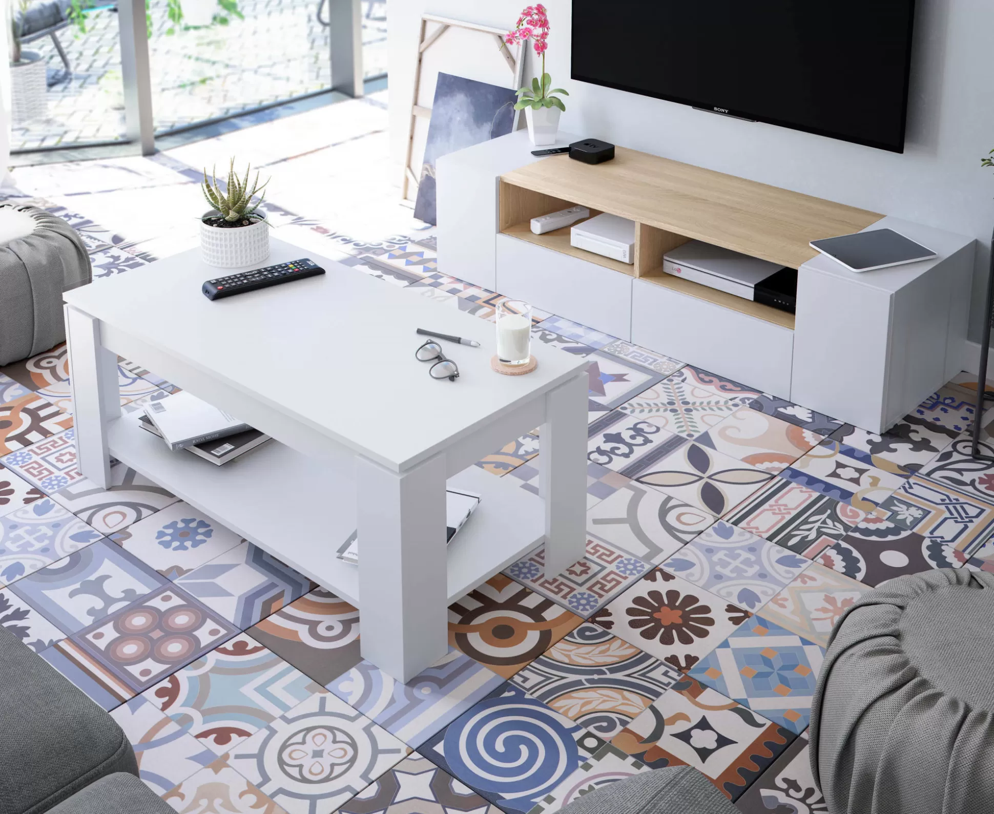 Dmora Mobili Porta Tv<Mobile porta TV Ebe, 138x42h36 cm, Bianco e Rovere