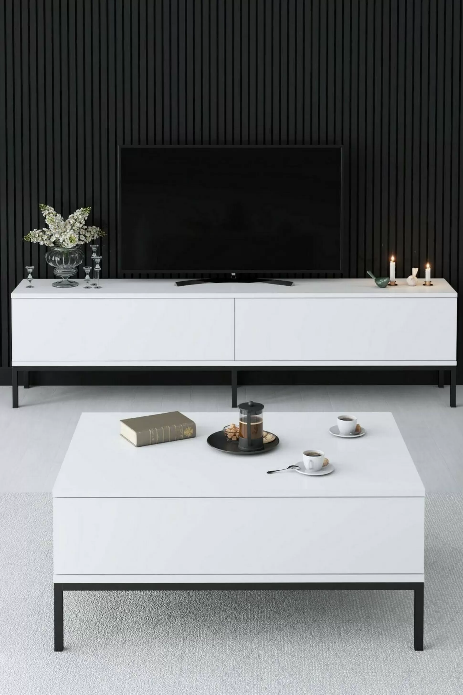 Dmora Mobili Porta Tv<Mobile porta TV Espero, 180x30h47 cm, Bianco e Nero