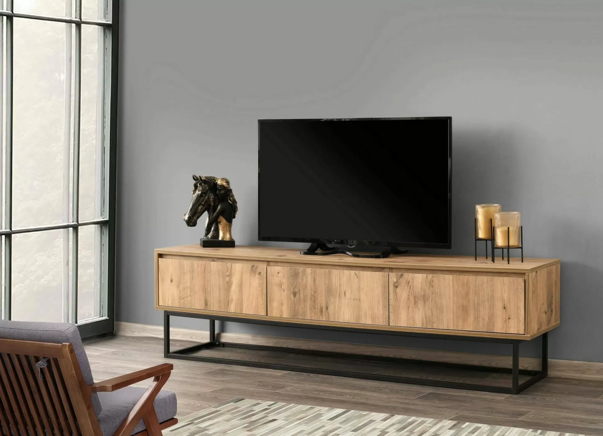 Dmora Mobili Porta Tv<Mobile porta TV Ignazia, Quercia e Nero, 180x40h50 cm