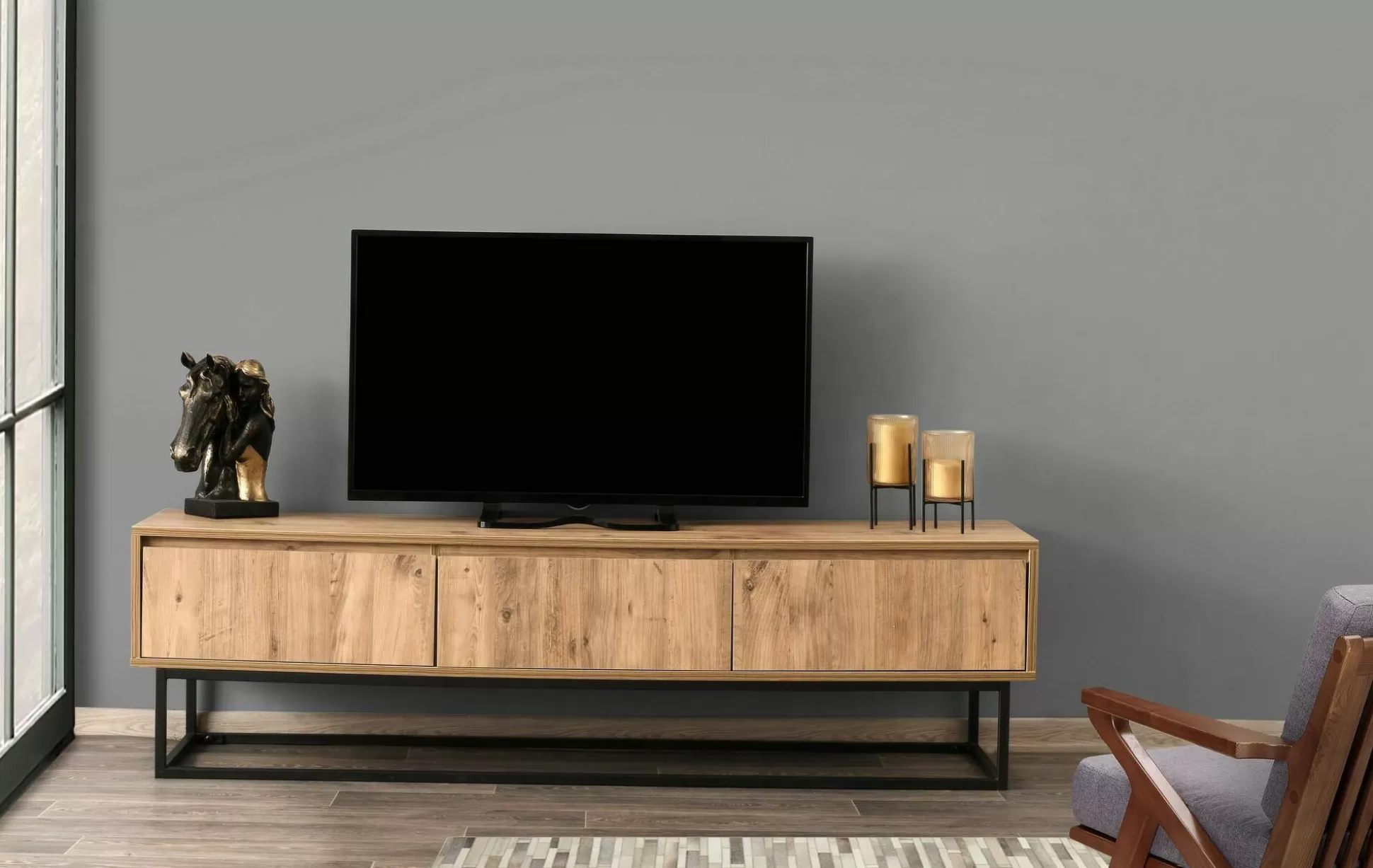 Dmora Mobili Porta Tv<Mobile porta TV Ignazia, Quercia e Nero, 180x40h50 cm