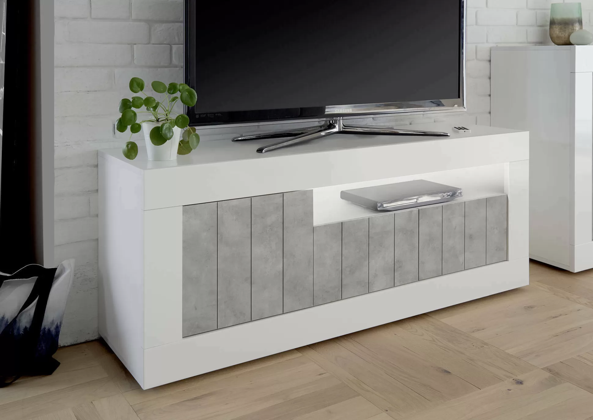 Dmora Mobili Porta Tv<Mobile porta TV Iole, 138x42 h56 cm, Bianco lucido e Cemento