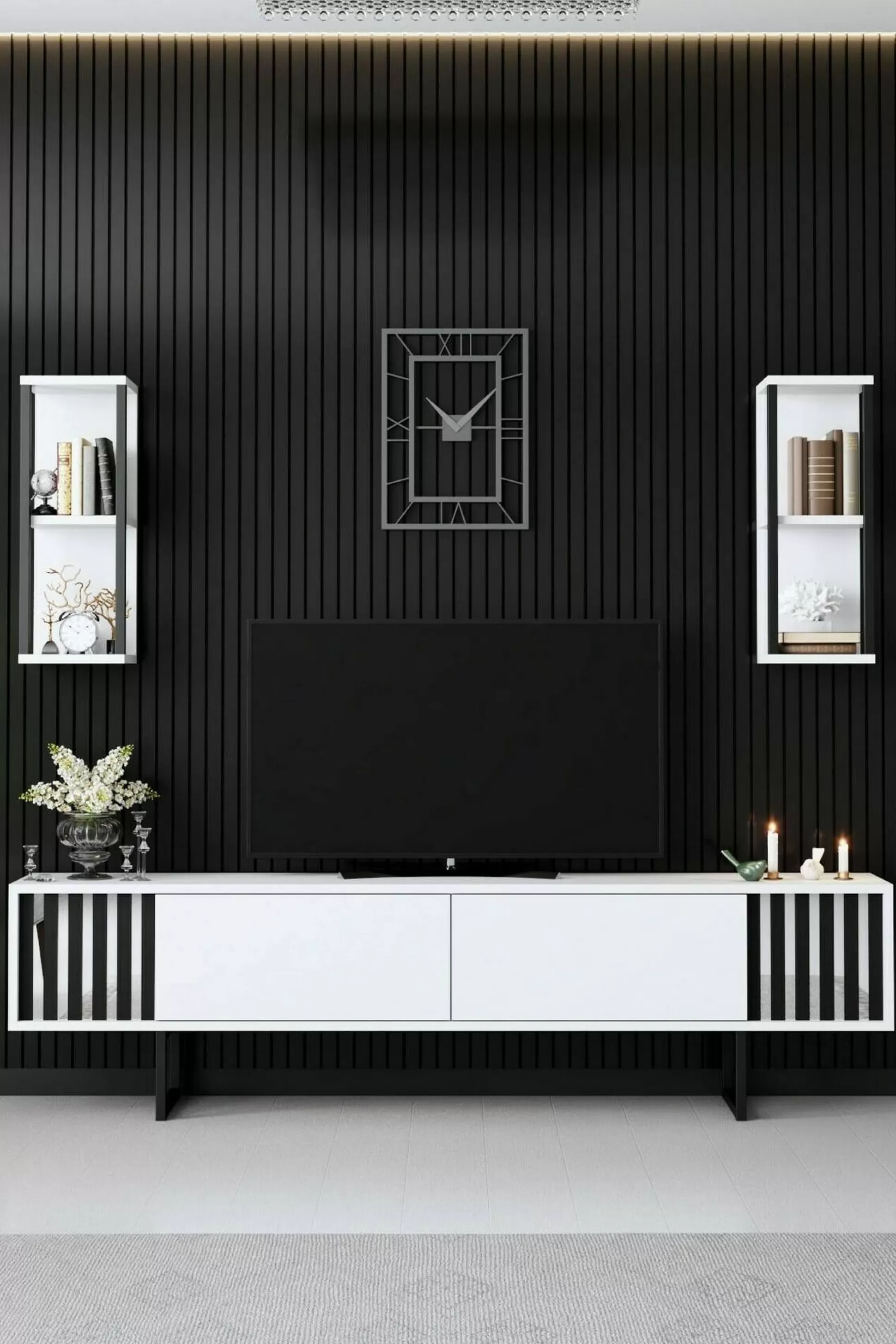 Dmora Mobili Porta Tv<Mobile porta TV Iva, 180x30h48 cm, Bianco e Nero