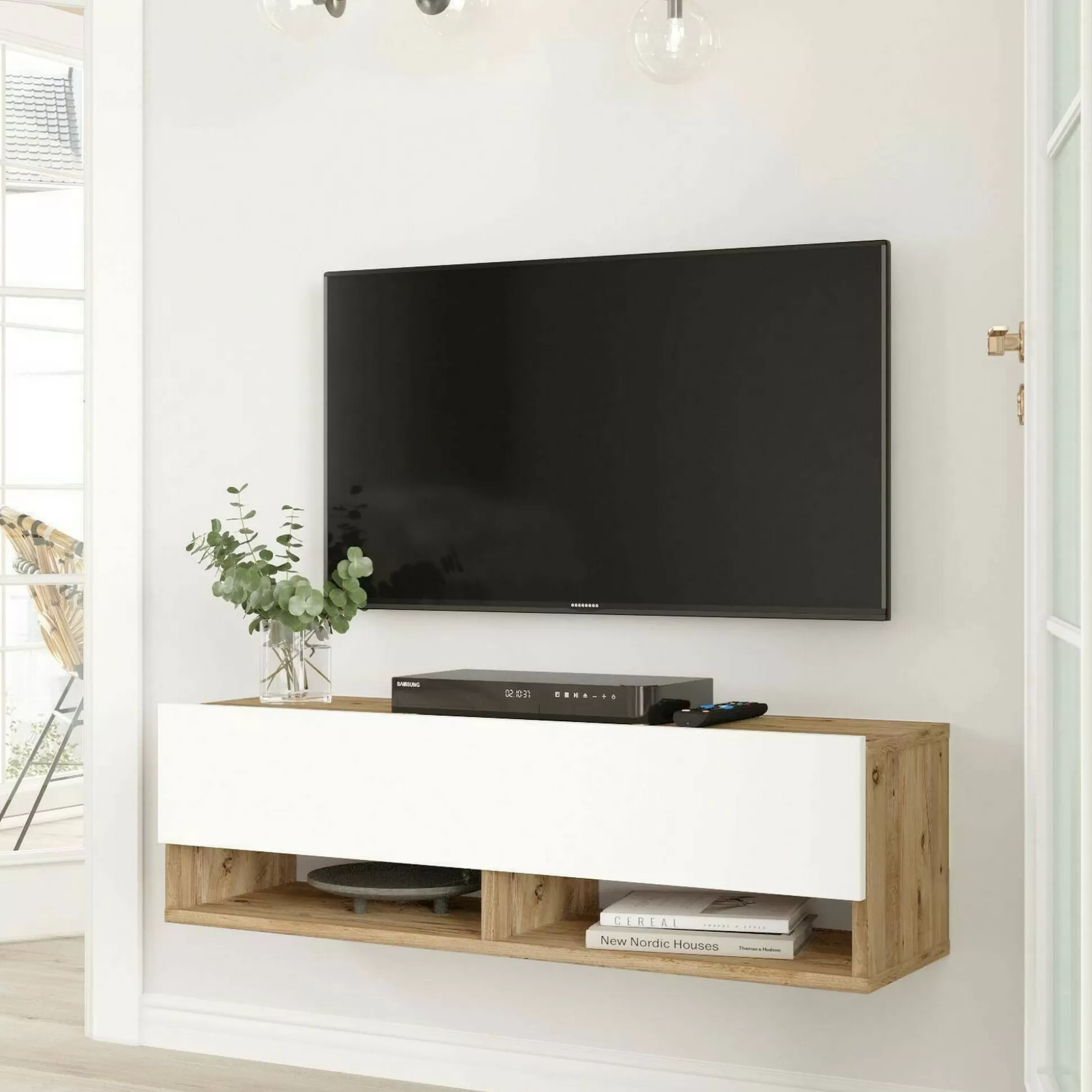 Dmora Mobili Porta Tv<Mobile porta TV Iva, 100x32h29 cm, Quercia e Bianco