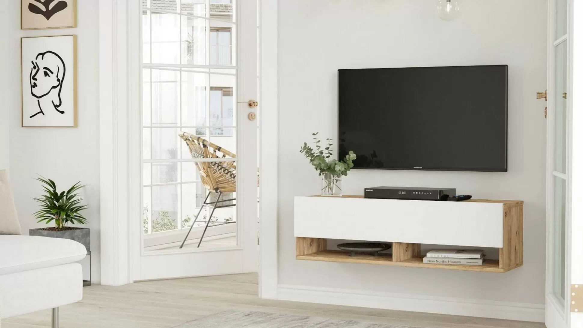 Dmora Mobili Porta Tv<Mobile porta TV Iva, 100x32h29 cm, Quercia e Bianco