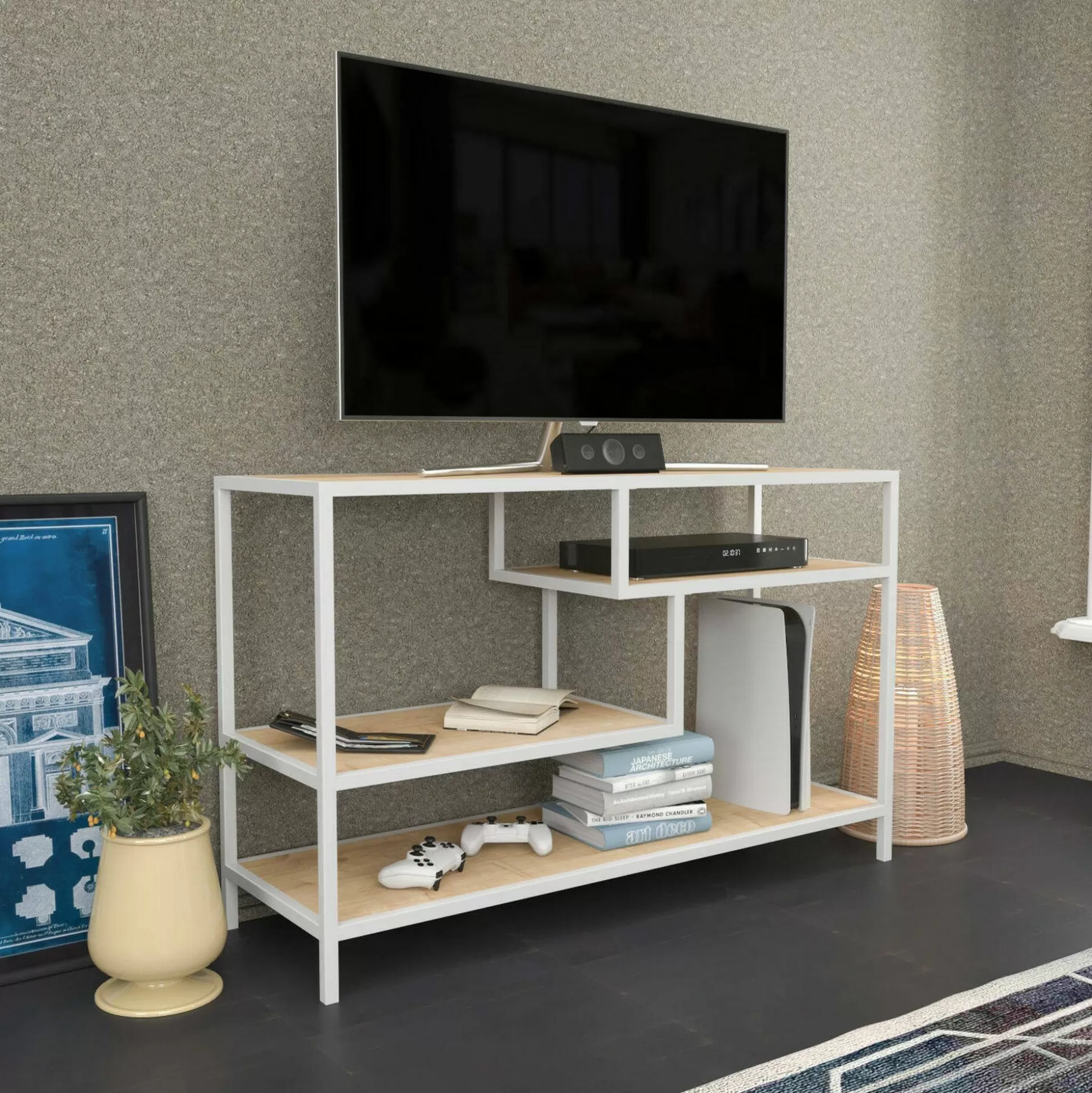 Dmora Mobili Porta Tv<Mobile porta TV Ivette, 120x39h75 cm, Bianco e Rovere