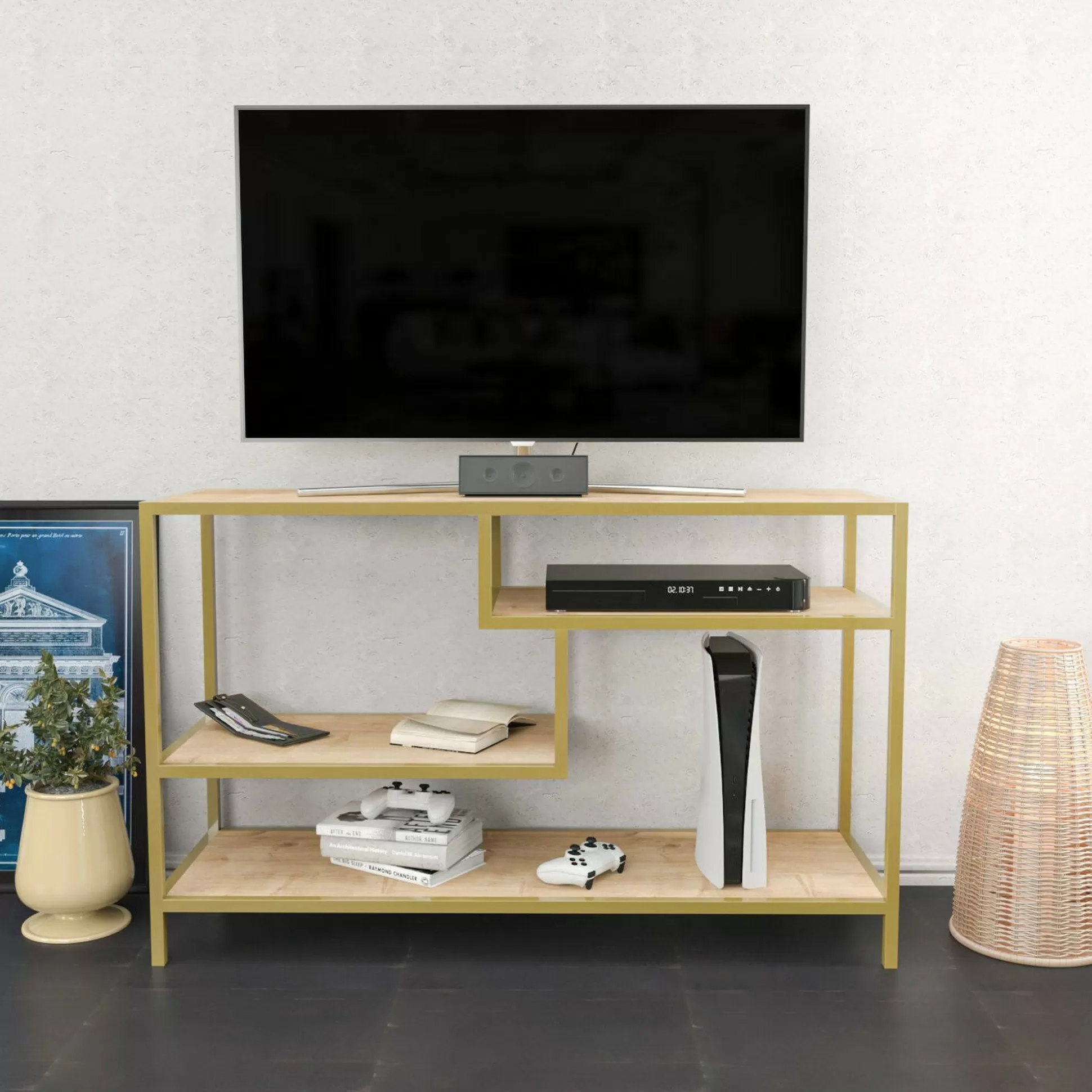 Dmora Mobili Porta Tv<Mobile porta TV Ivette, 120x39h75 cm, Oro e Quercia
