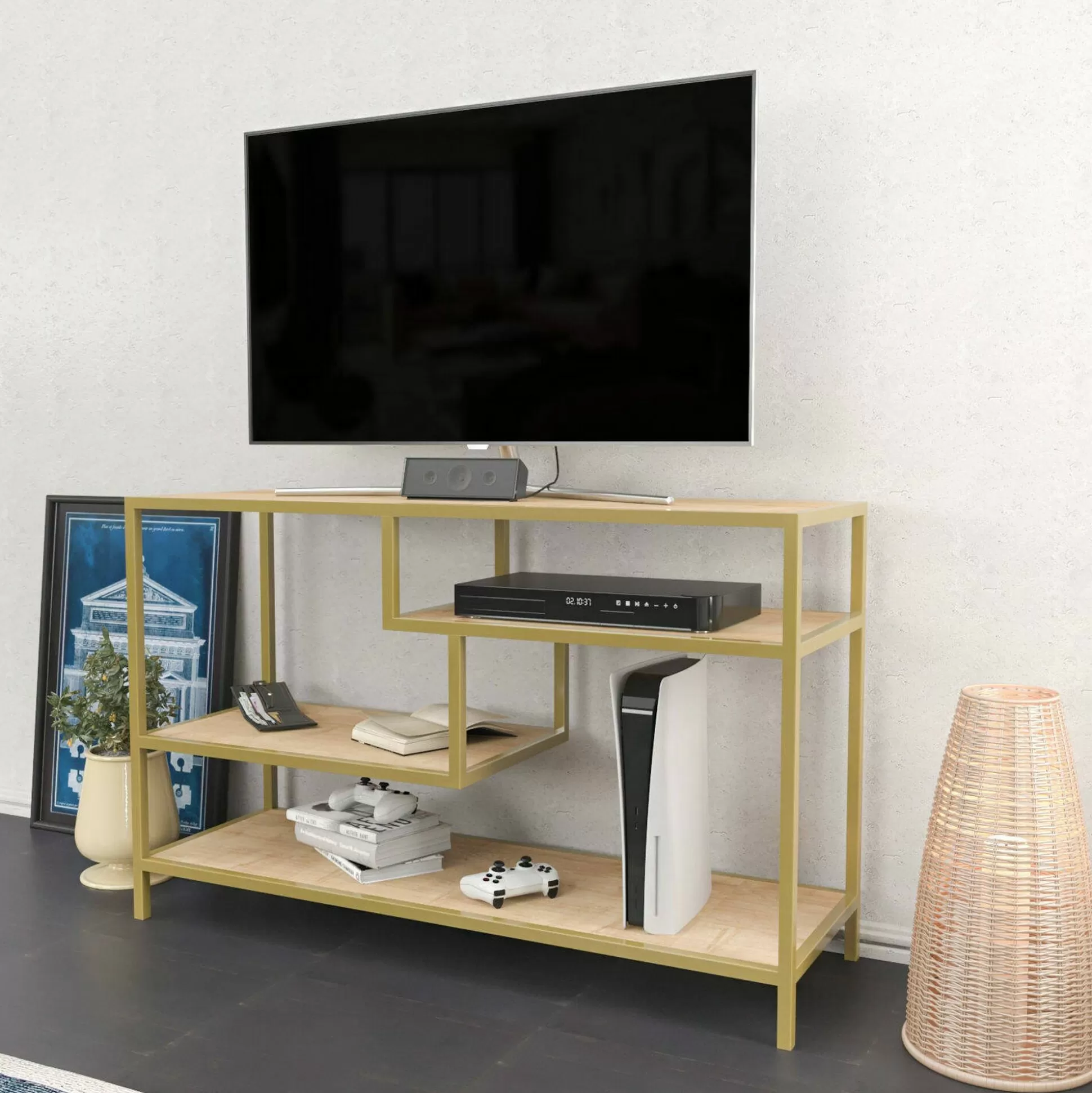 Dmora Mobili Porta Tv<Mobile porta TV Ivette, 120x39h75 cm, Oro e Quercia