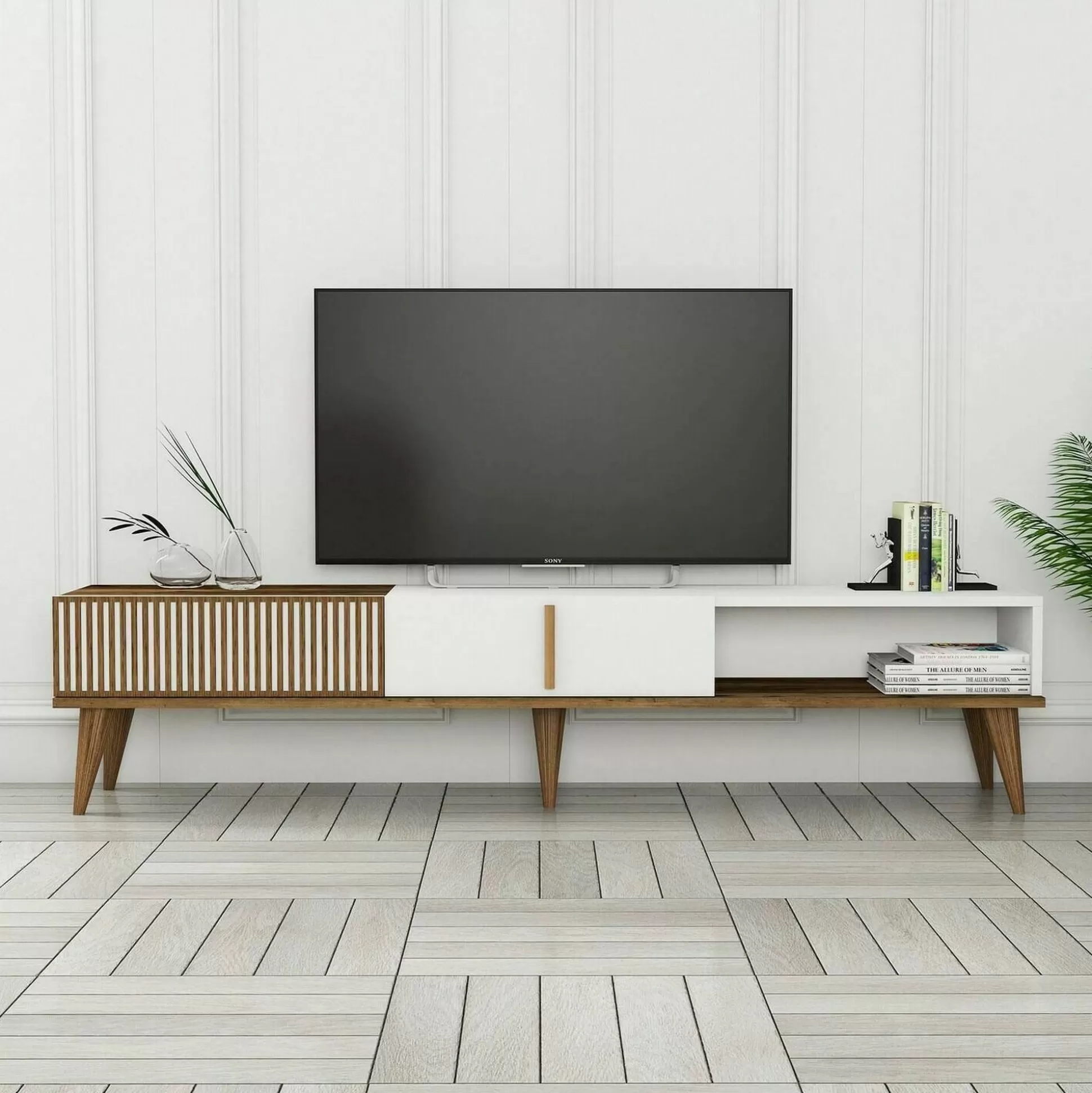Dmora Mobili Porta Tv<Mobile porta TV Jakuchu, 180x35h40 cm, Noce e Bianco