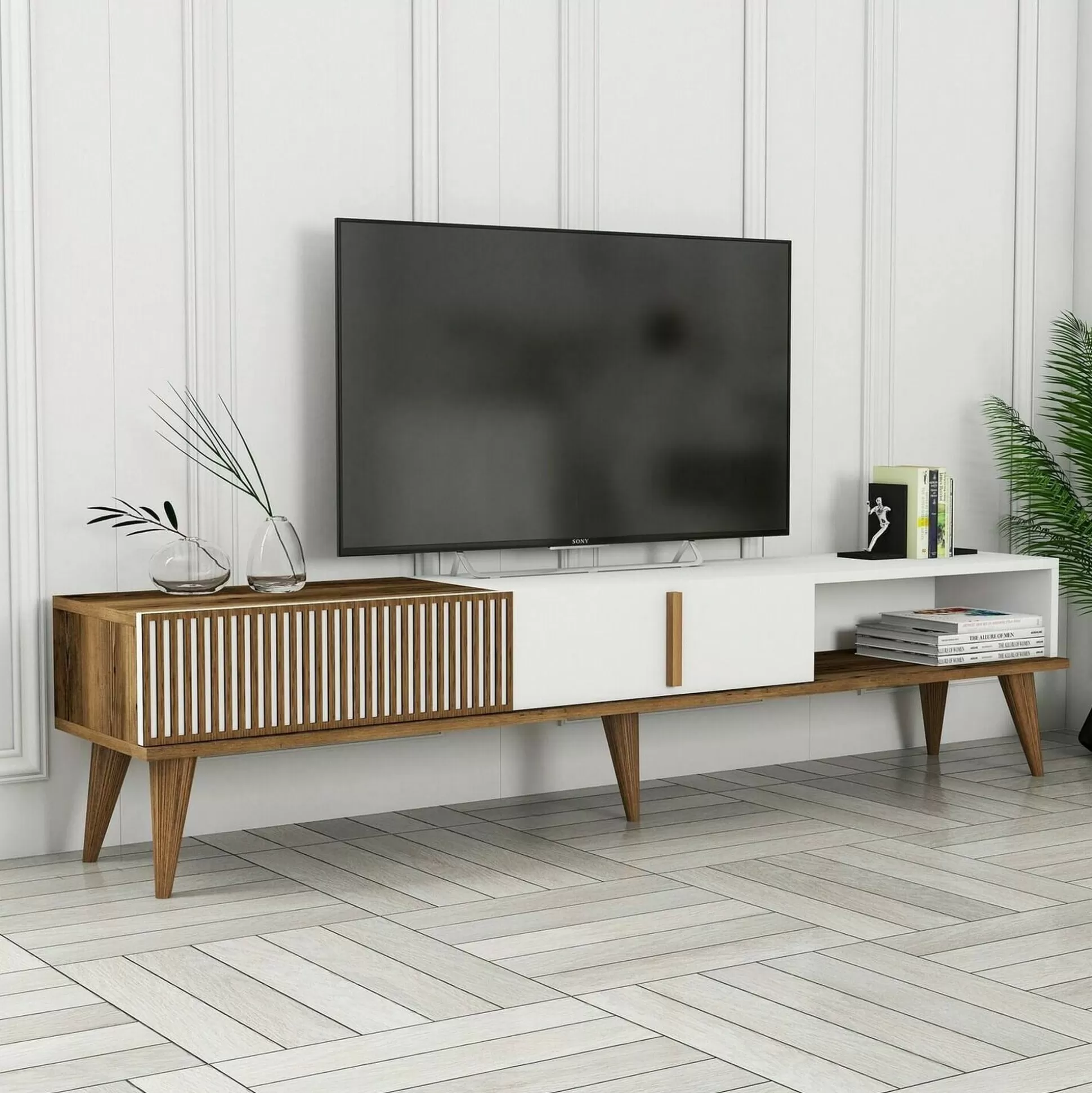 Dmora Mobili Porta Tv<Mobile porta TV Jakuchu, 180x35h40 cm, Noce e Bianco