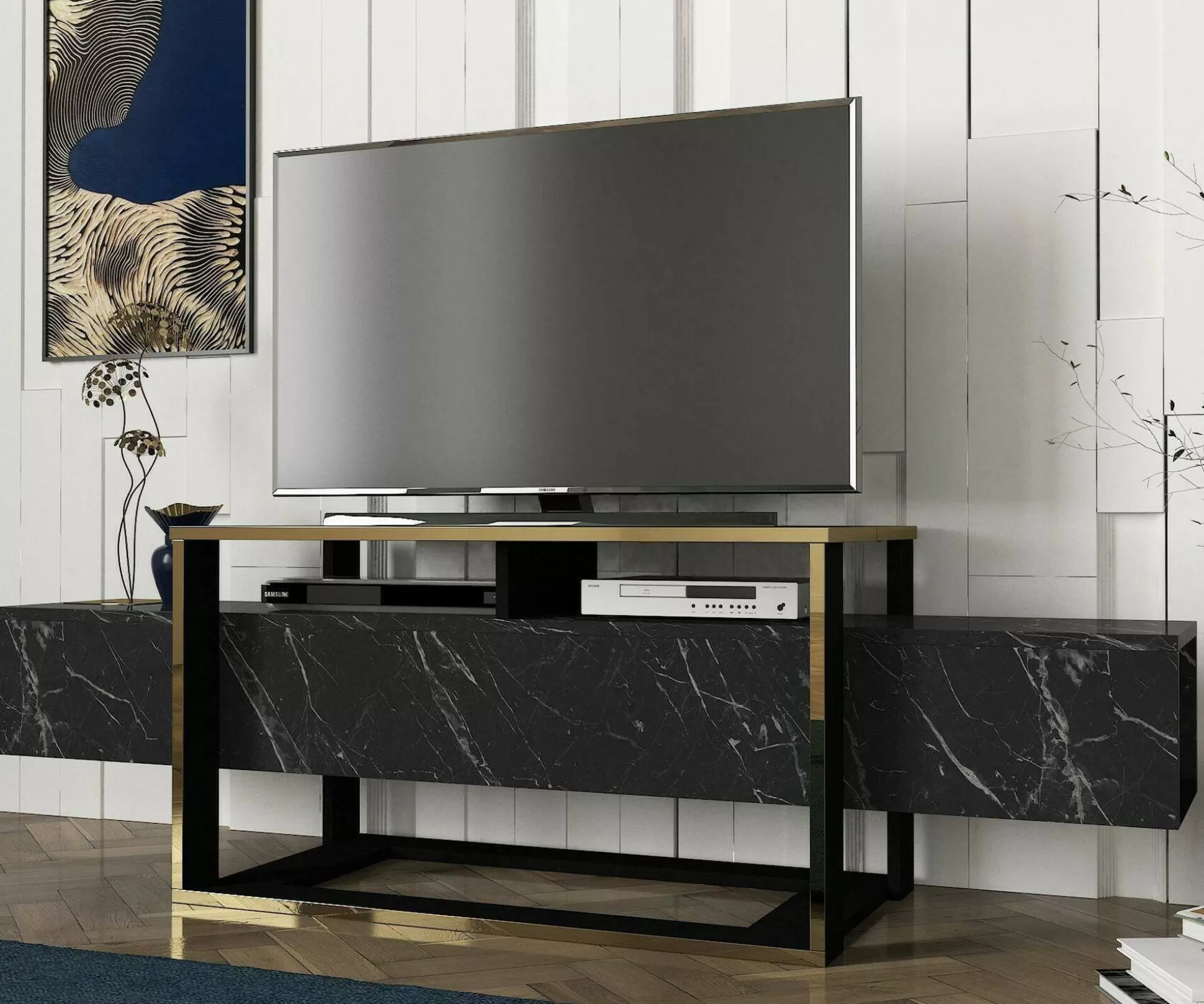 Dmora Mobili Porta Tv<Mobile porta TV Jo, 160x46h50 cm, Nero e Oro