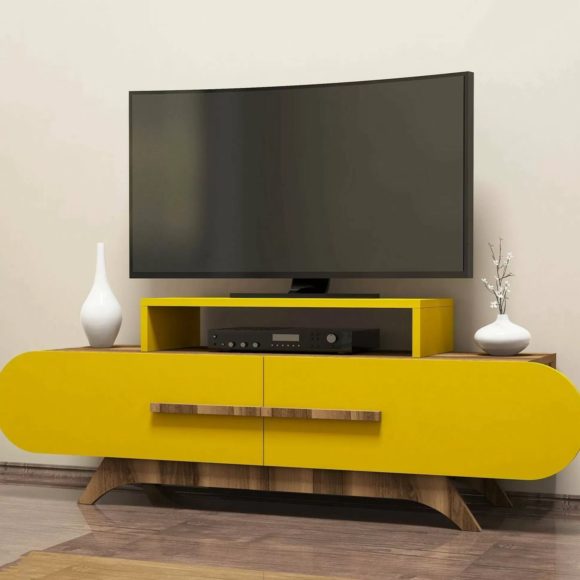 Dmora Mobili Porta Tv<Mobile porta TV Nesat, 145x37 h50 cm, Noce e Giallo