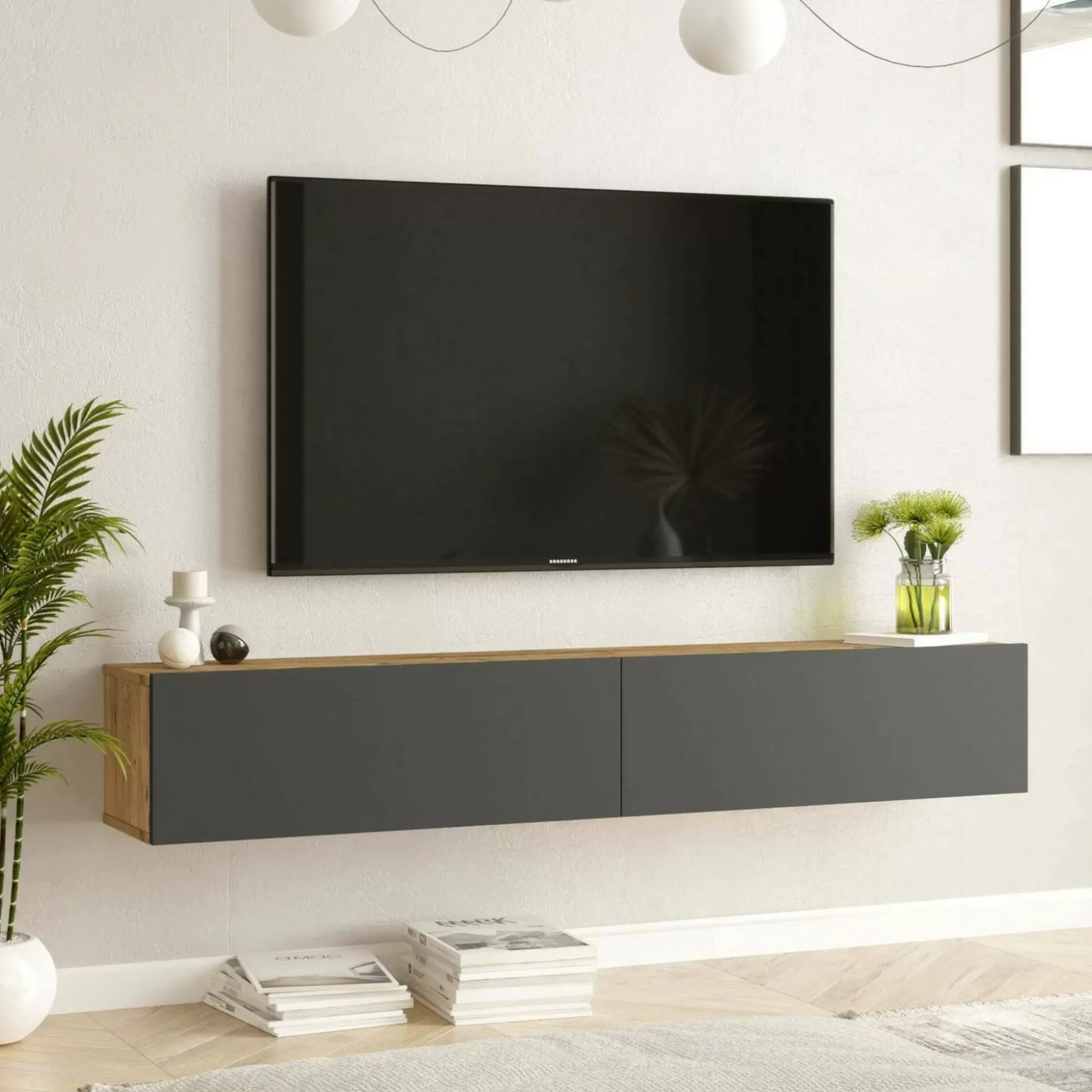 Dmora Mobili Porta Tv<Mobile porta TV Pavone, 180x32h30 cm, Quercia e Antracite
