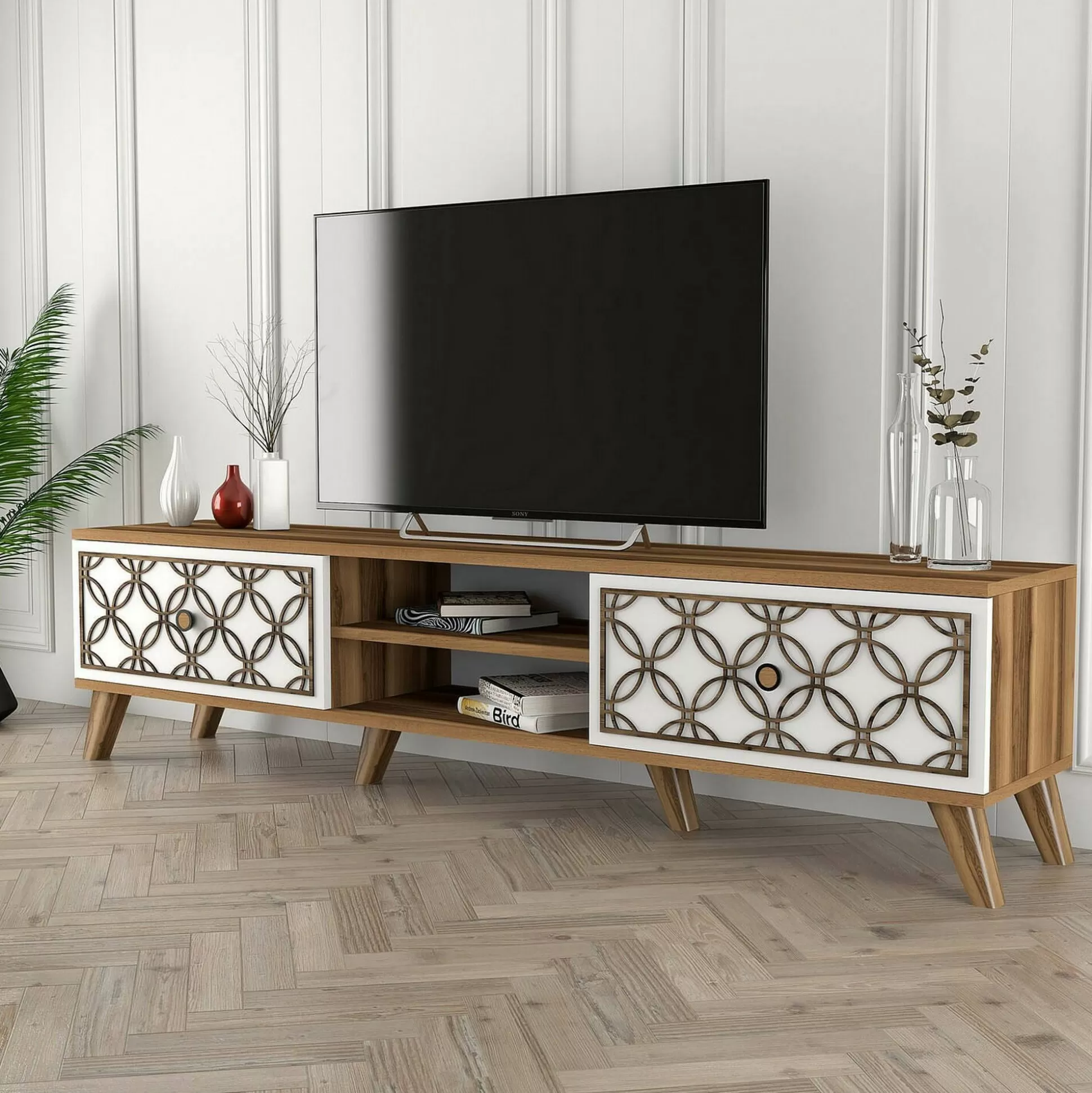 Dmora Mobili Porta Tv<Mobile porta TV Teia, 180x35h44 cm, Noce e Bianco