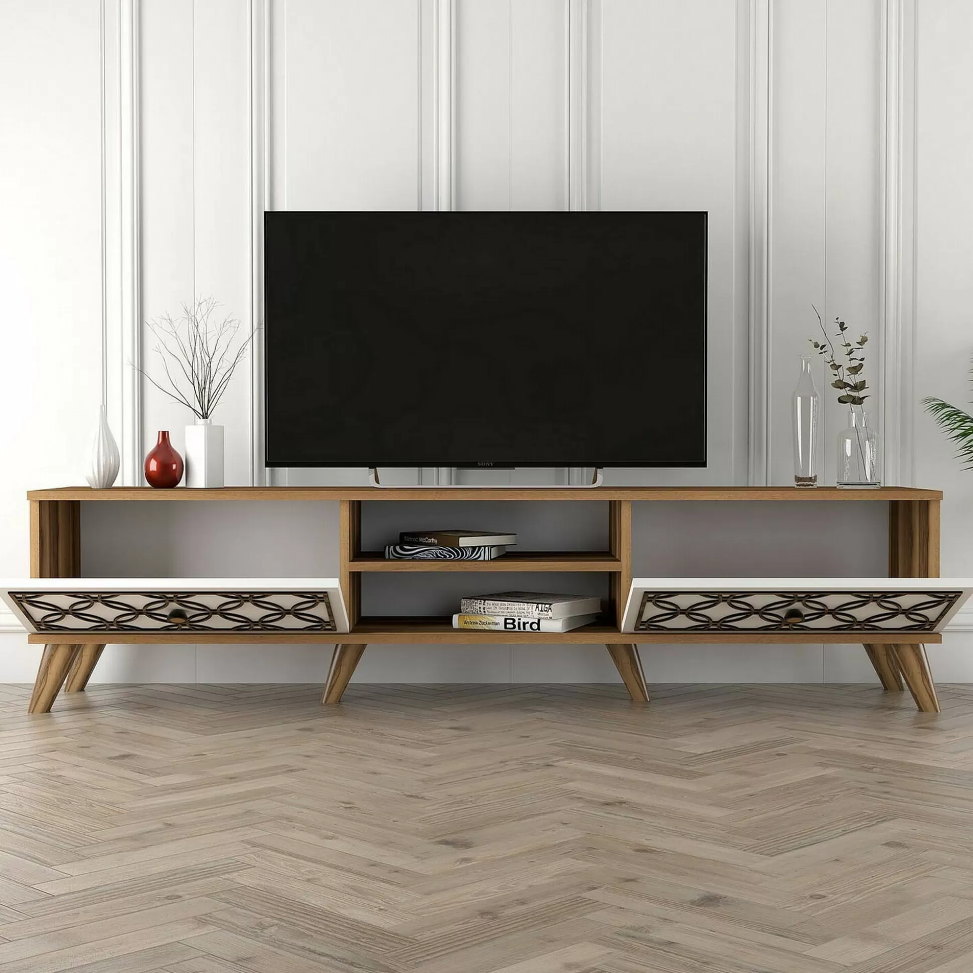 Dmora Mobili Porta Tv<Mobile porta TV Teia, 180x35h44 cm, Noce e Bianco