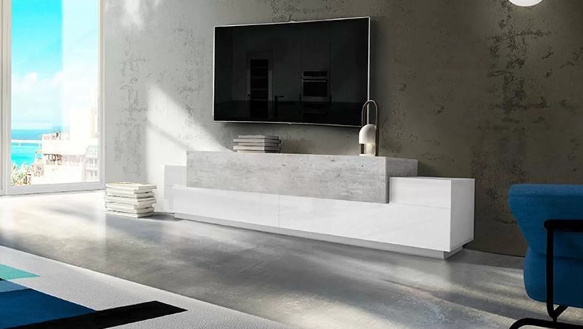 Dmora Mobili Porta Tv<Mobile porta TV Tiche, cm 240x45h52, Bianco lucido e Cemento