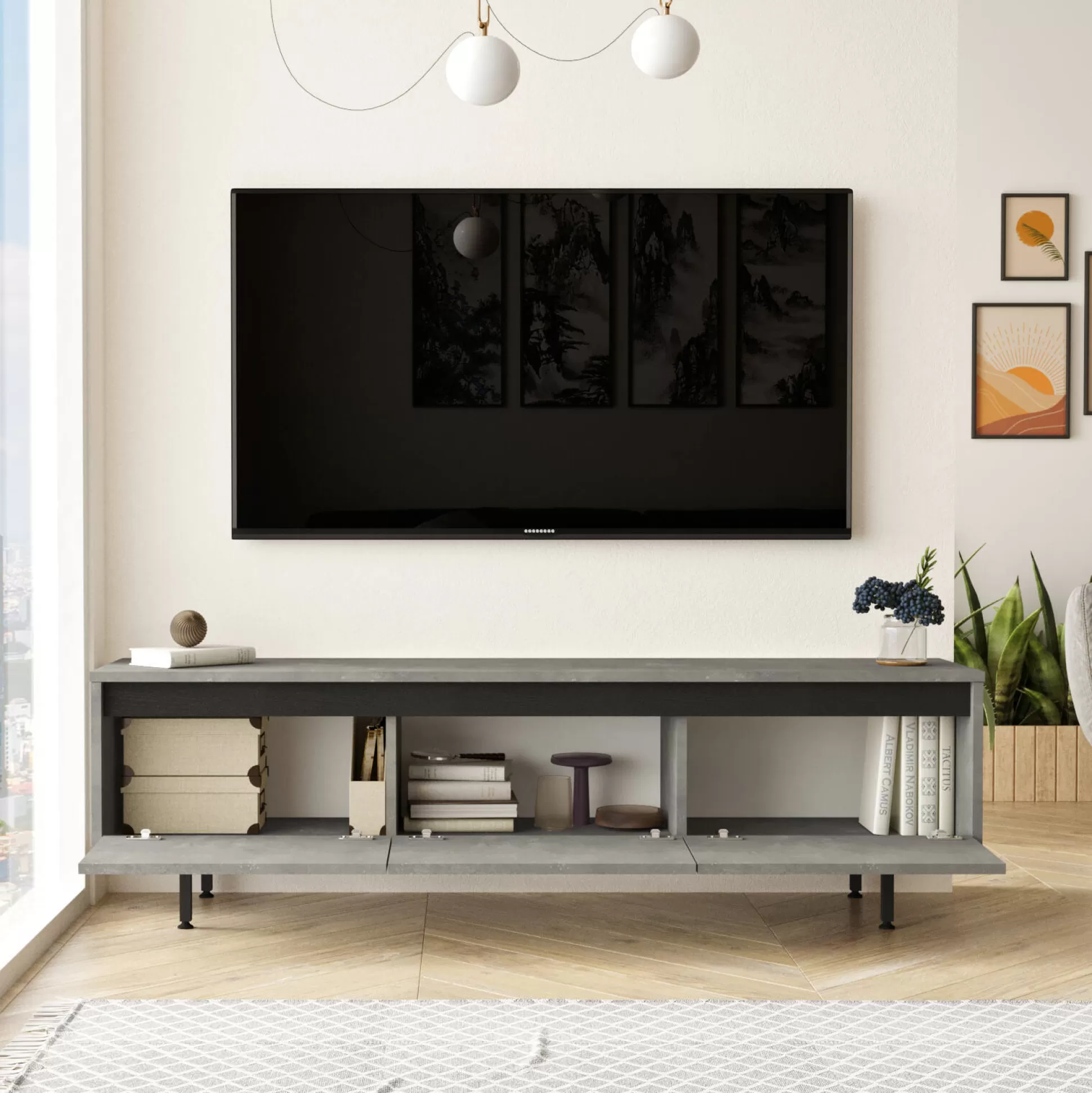 Dmora Mobili Porta Tv<Mobile porta TV Titli, 160x36 h45 cm, Argento e Nero