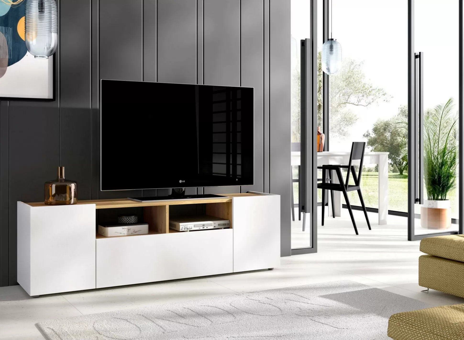 Dmora Mobili Porta Tv<Mobile porta TV Vulcano, 142x35h44 cm, Bianco e Rovere Nodi