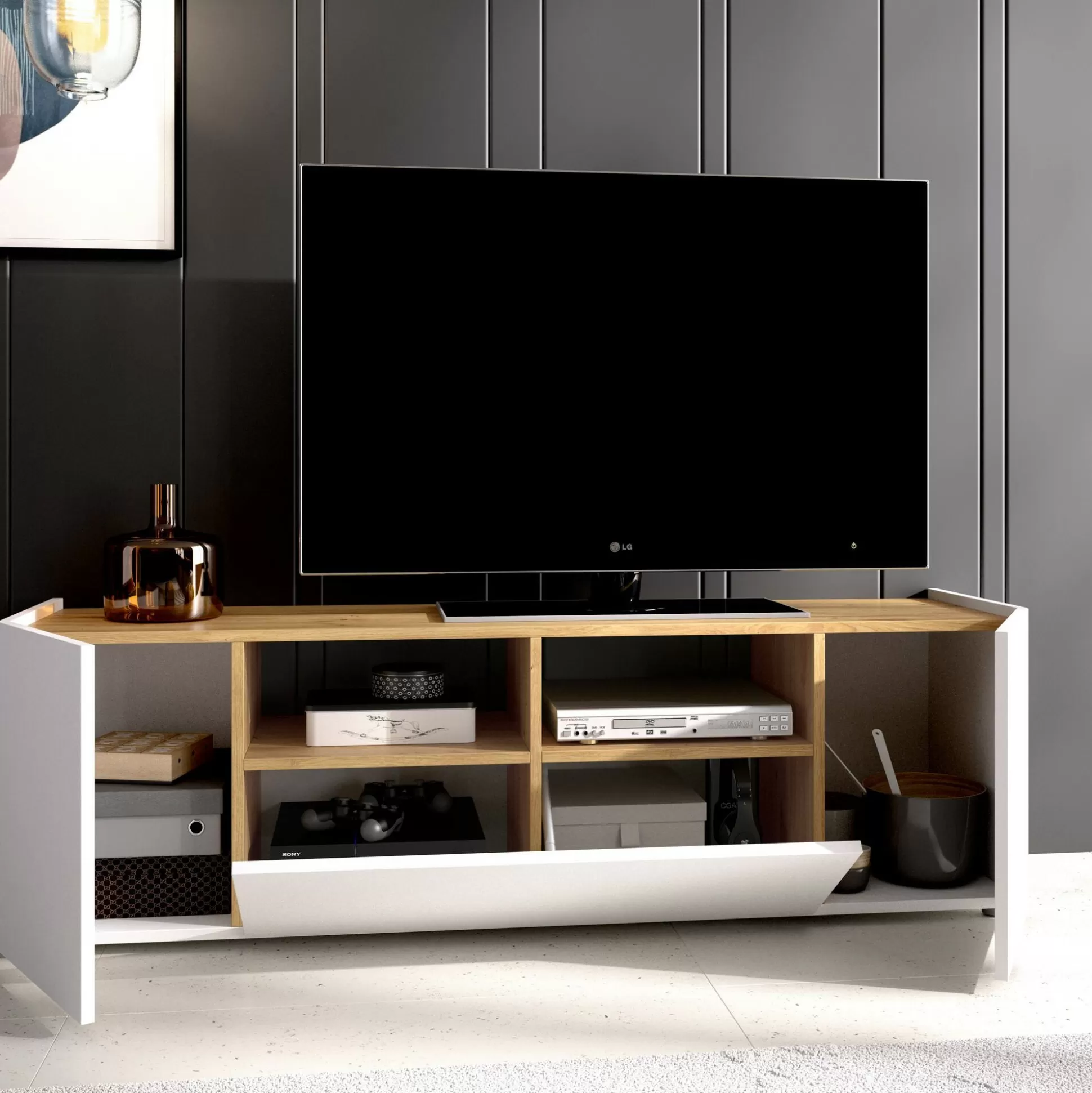 Dmora Mobili Porta Tv<Mobile porta TV Vulcano, 142x35h44 cm, Bianco e Rovere Nodi