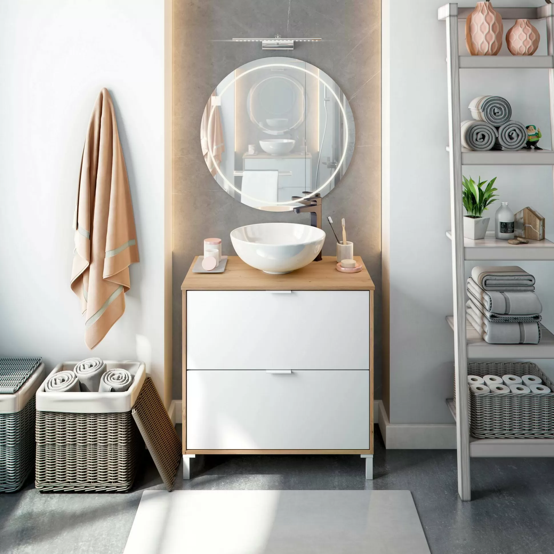 Dmora Mobili Sottolavabo<Mobile sottolavabo Bellegra, 79x46 h79 cm, Rovere Nodi e Bianco lucido