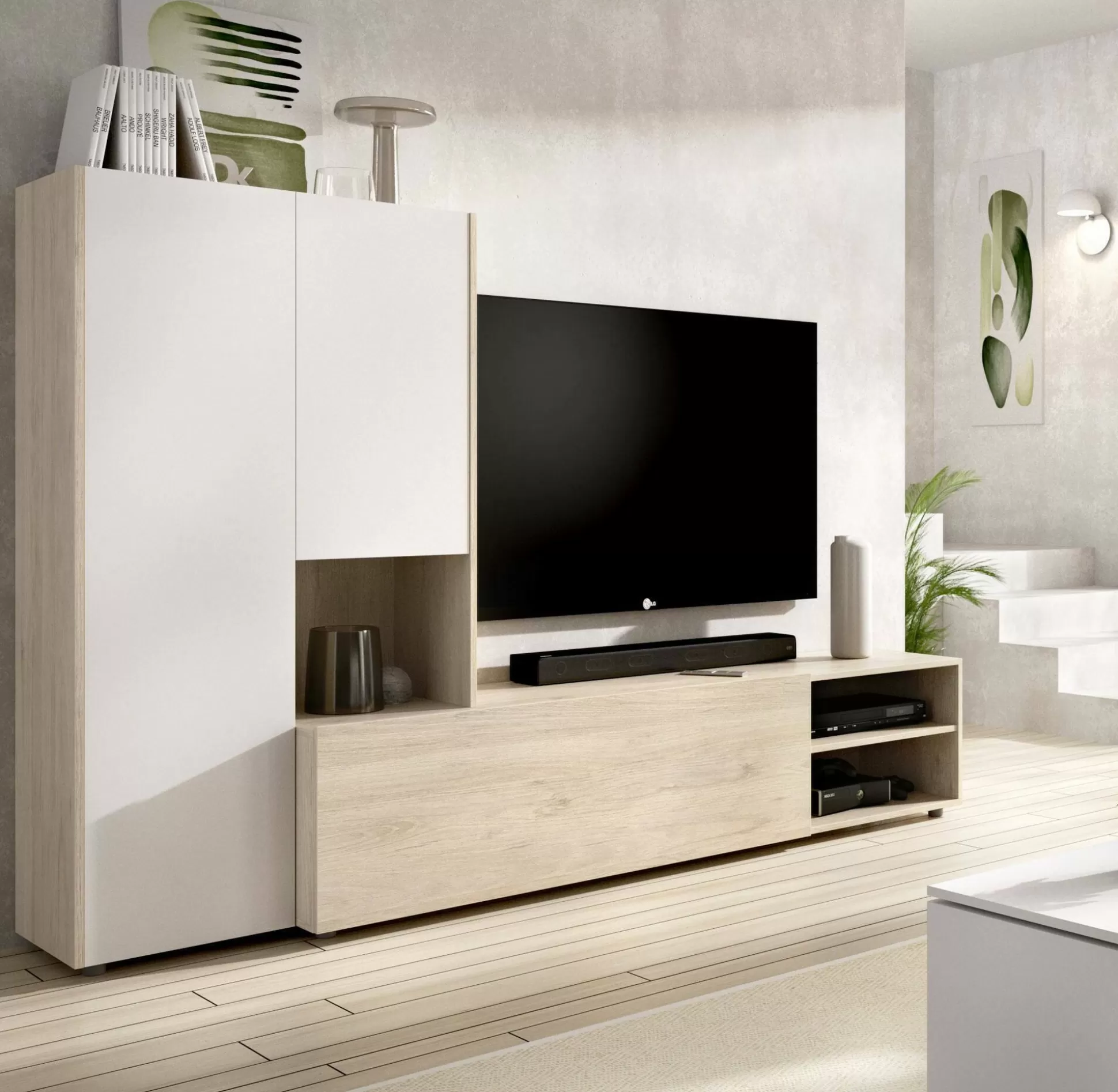 Dmora Pareti Attrezzate<Parete attrezzata Abrino, 227x40 h141 cm, Bianco e Rovere
