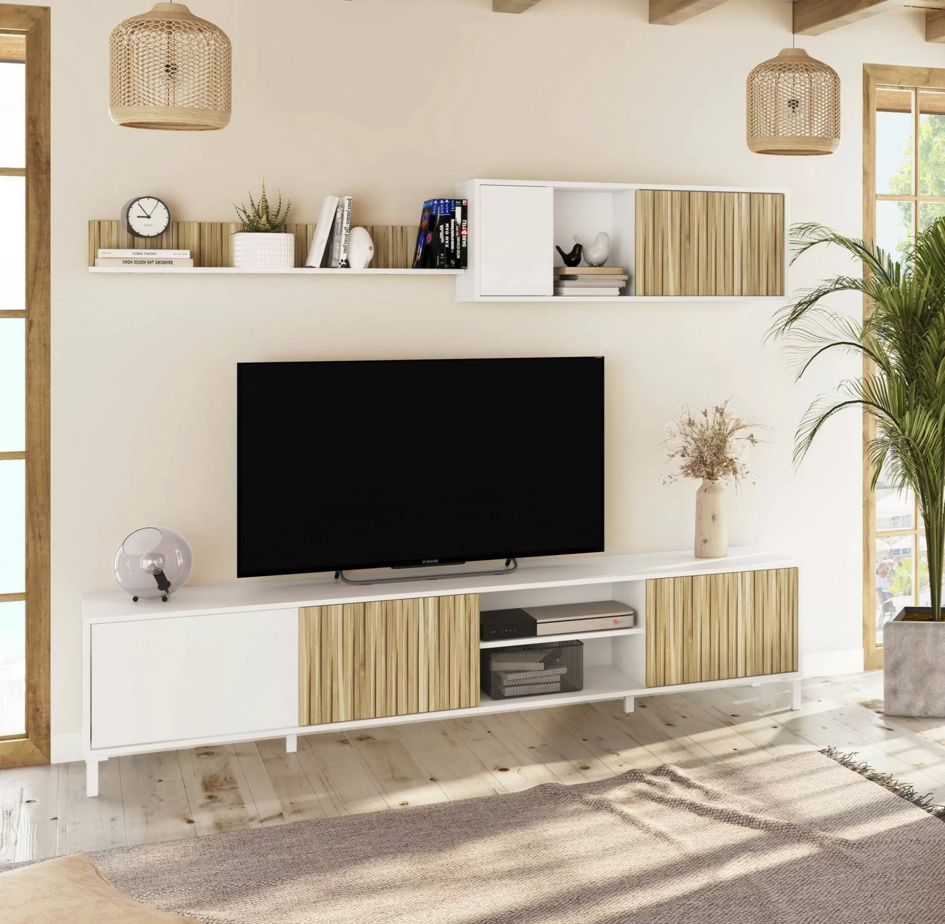 Dmora Pareti Attrezzate<Parete attrezzata Ailano, 200x40 h47 cm, Bianco e Rovere