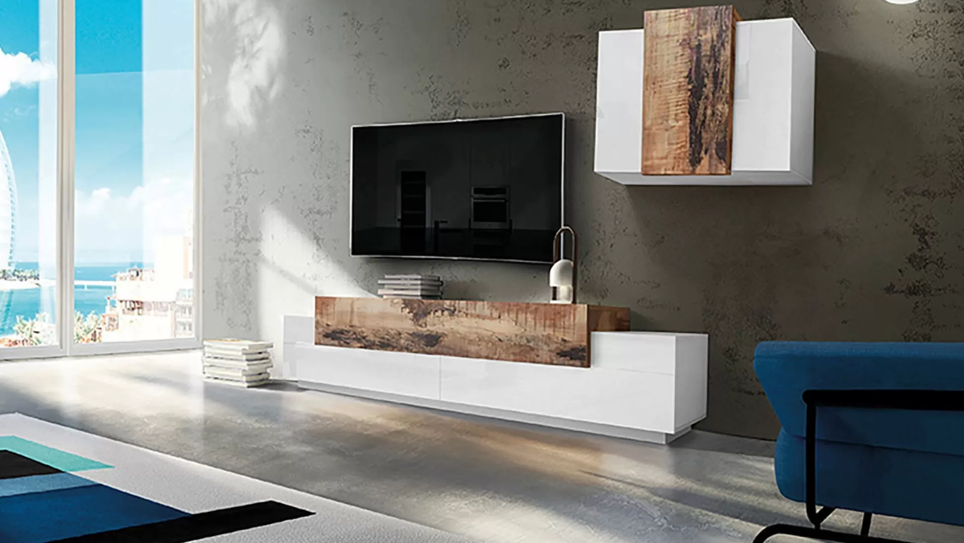 Dmora Pareti Attrezzate<Parete attrezzata Alaskino, cm 240x45h180, Bianco lucido e Acero