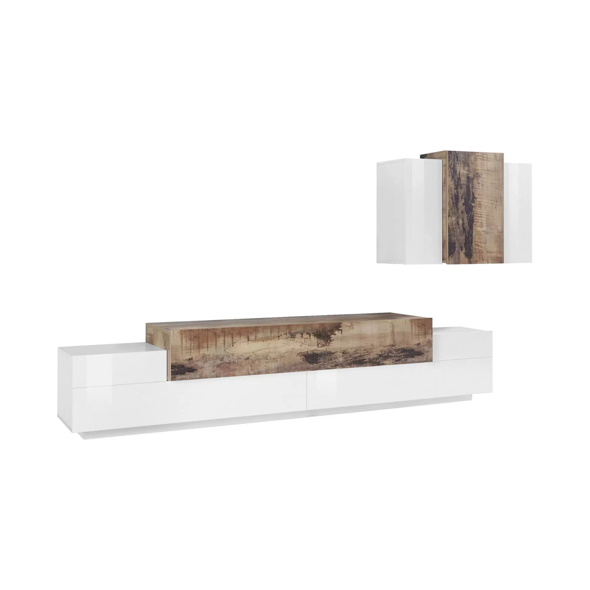 Dmora Pareti Attrezzate<Parete attrezzata Alaskino, cm 240x45h180, Bianco lucido e Acero