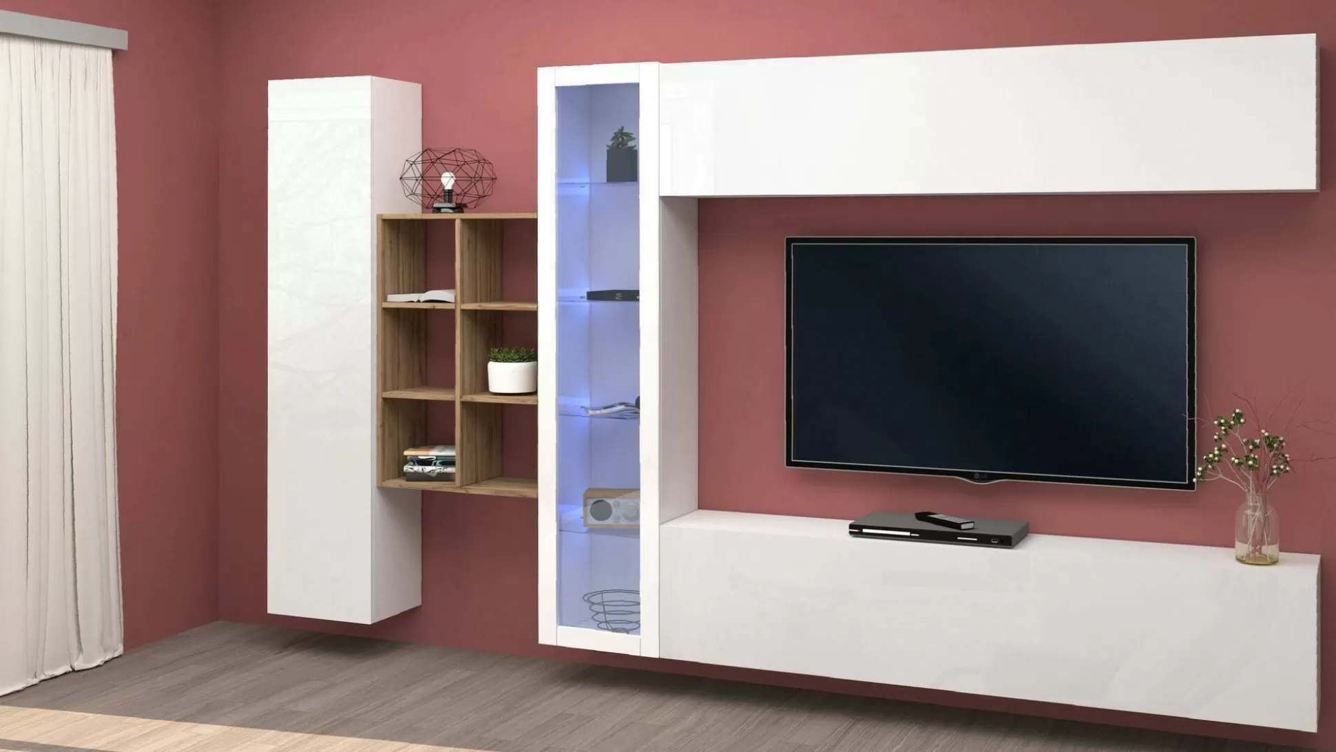 Dmora Pareti Attrezzate<Parete attrezzata Alessano, cm 280x30h180, Bianco lucido e Acero