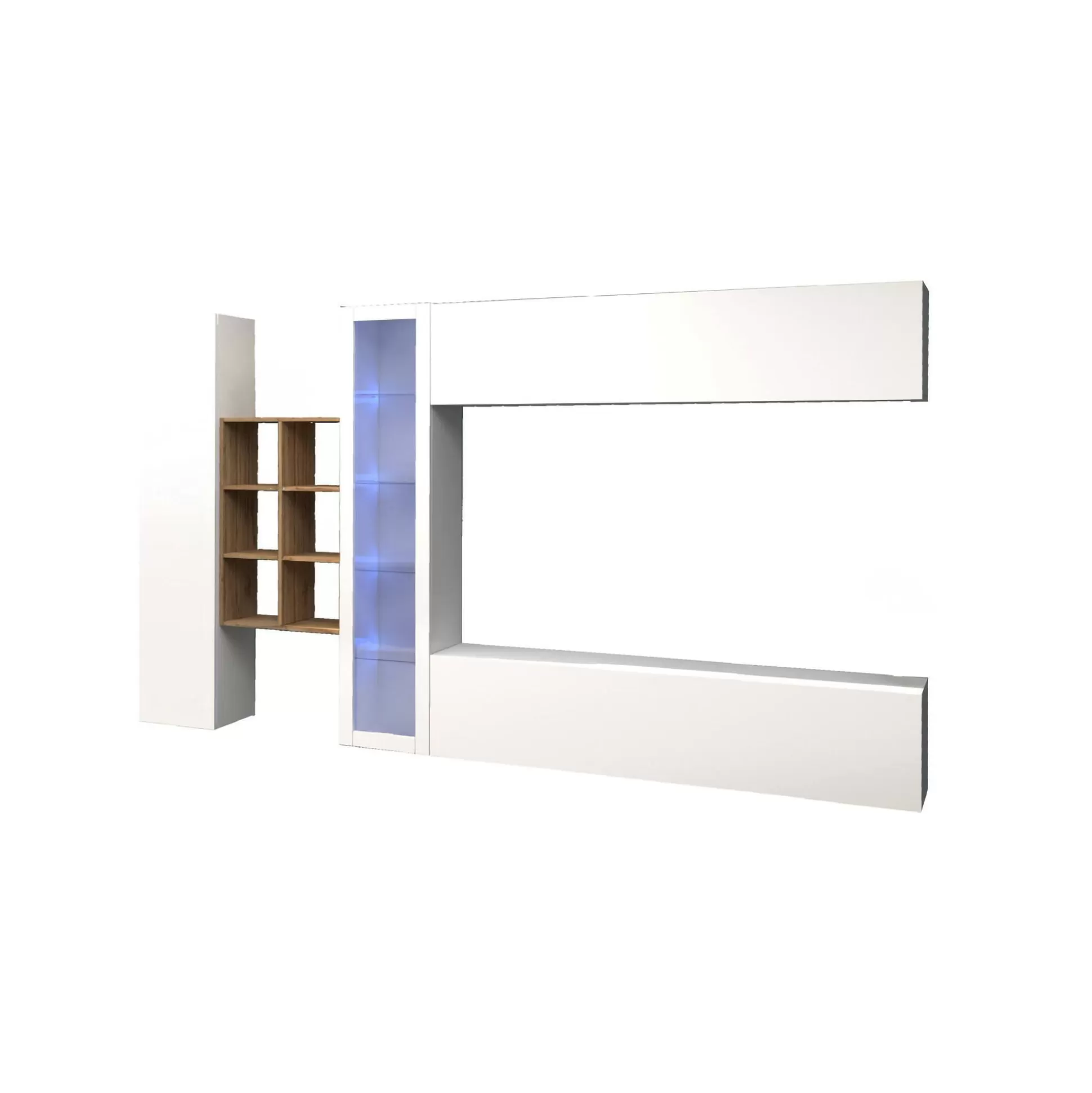 Dmora Pareti Attrezzate<Parete attrezzata Alessano, cm 280x30h180, Bianco lucido e Acero