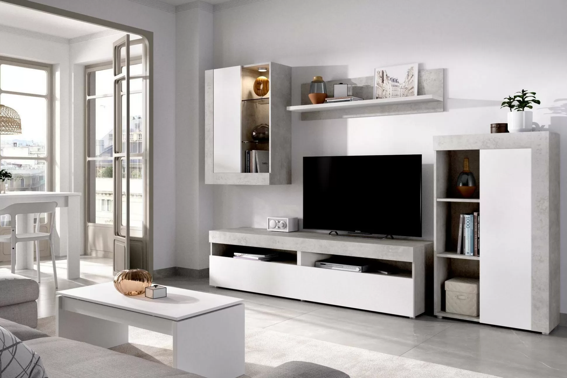 Dmora Pareti Attrezzate<Parete attrezzata Aleu, 265x42h180 cm, Bianco e Cemento