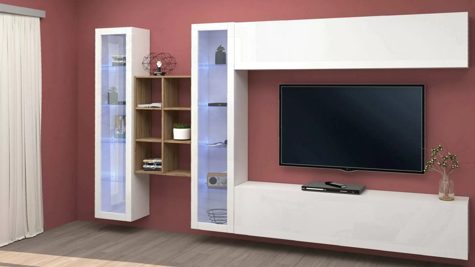 Dmora Pareti Attrezzate<Parete attrezzata Alezio, cm 280x30h180, Bianco lucido e Acero