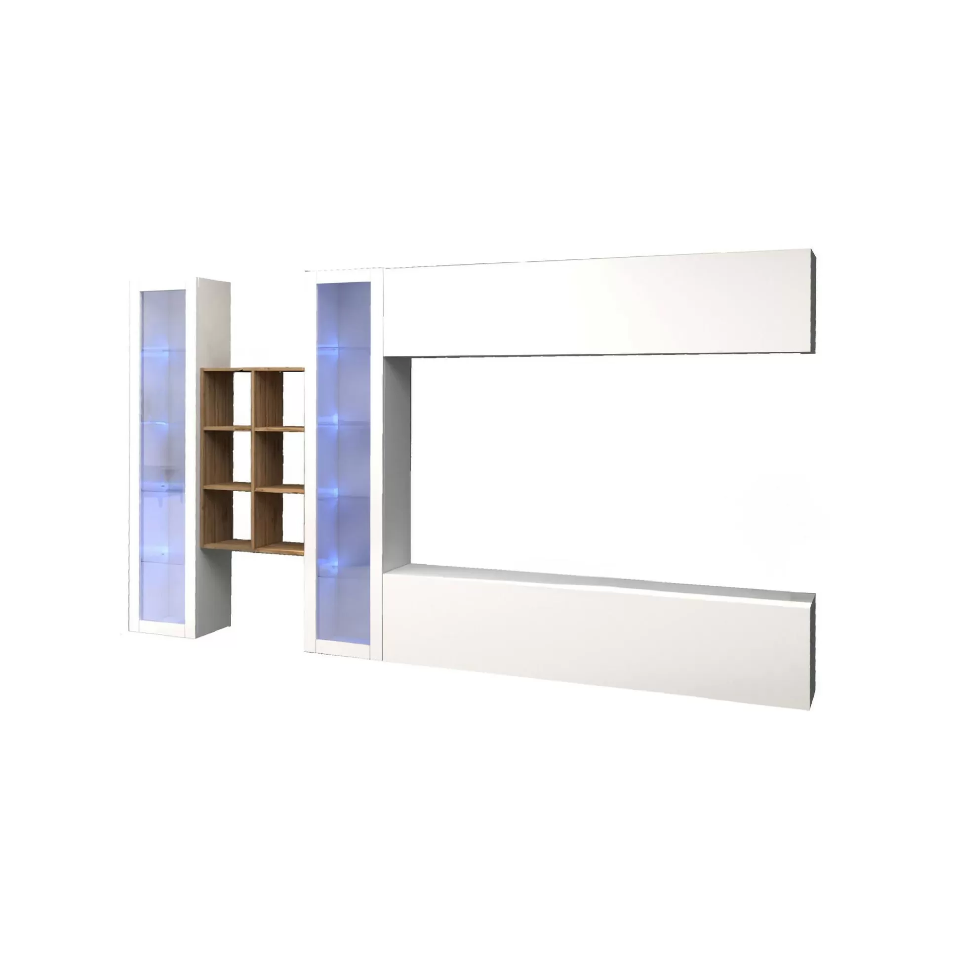 Dmora Pareti Attrezzate<Parete attrezzata Alezio, cm 280x30h180, Bianco lucido e Acero