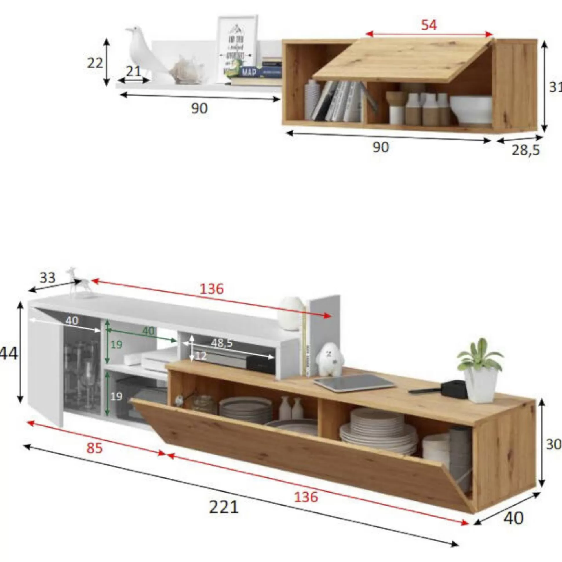 Dmora Pareti Attrezzate<Parete attrezzata Aligator, 220x40h44 cm, Rovere effetto nodi e Bianco